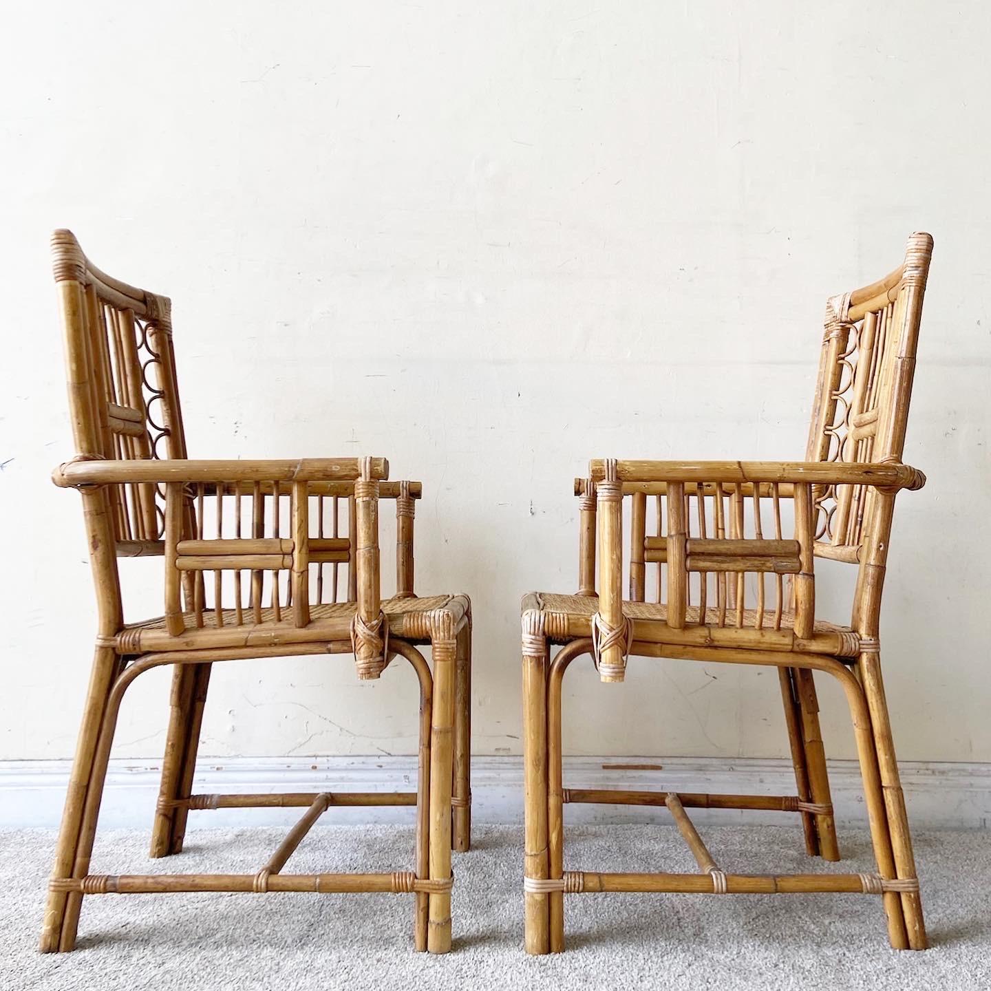 Bohemian 1980s, Boho Chic Bamboo Rattan and Cane Dining Chairs Attributed to Brighton