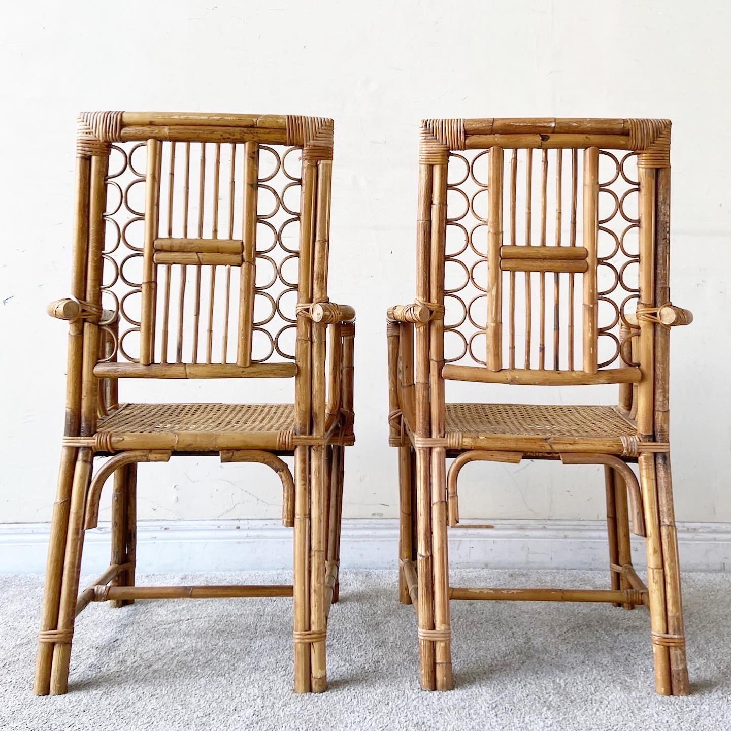 1980s, Boho Chic Bamboo Rattan and Cane Dining Chairs Attributed to Brighton In Good Condition In Delray Beach, FL