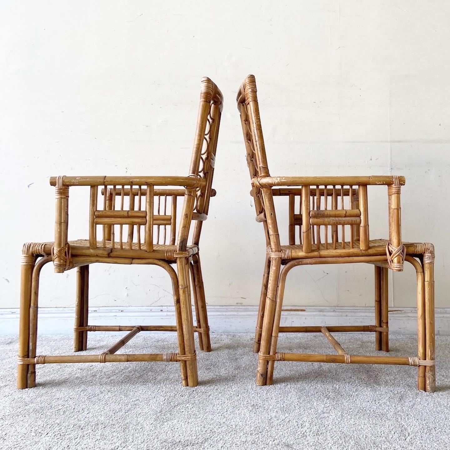 Late 20th Century 1980s, Boho Chic Bamboo Rattan and Cane Dining Chairs Attributed to Brighton