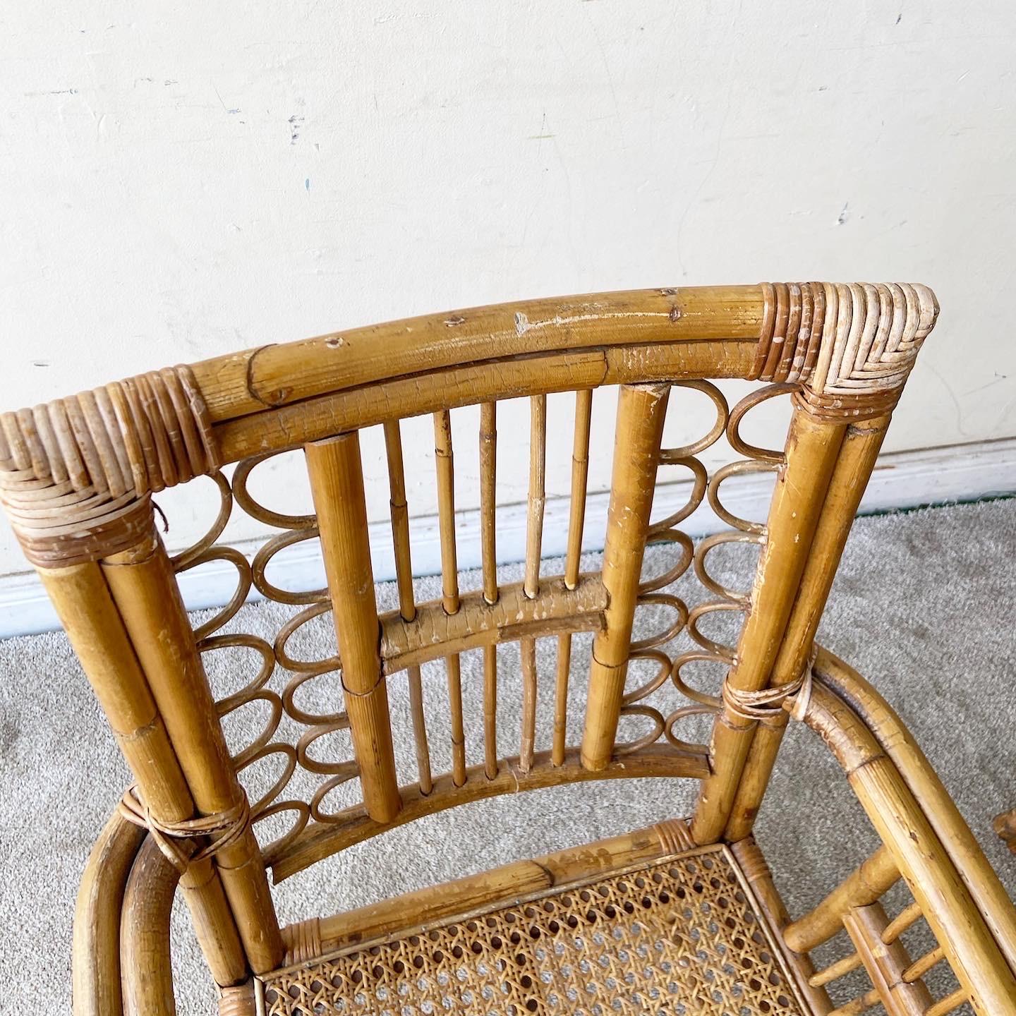 1980s, Boho Chic Bamboo Rattan and Cane Dining Chairs Attributed to Brighton 1