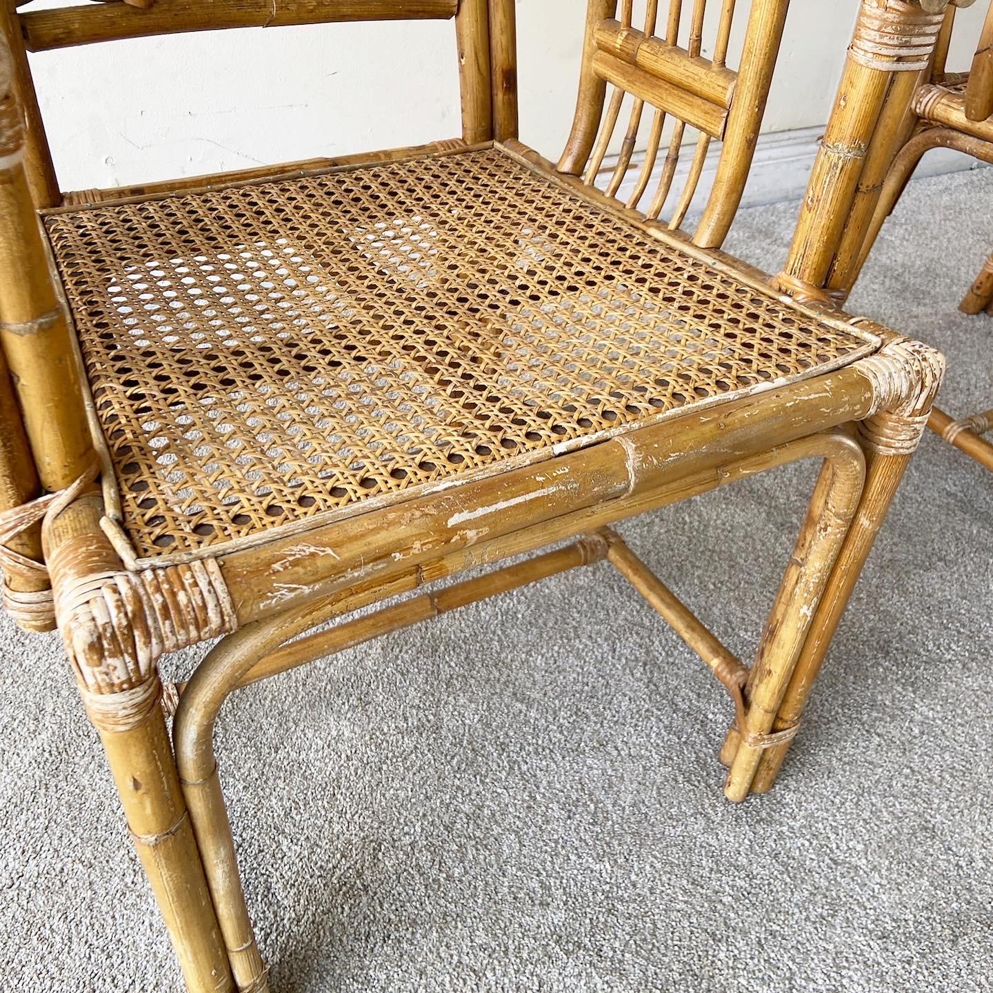 1980s, Boho Chic Bamboo Rattan and Cane Dining Chairs Attributed to Brighton 2