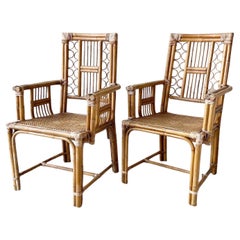 1980s, Boho Chic Bamboo Rattan and Cane Dining Chairs Attributed to Brighton