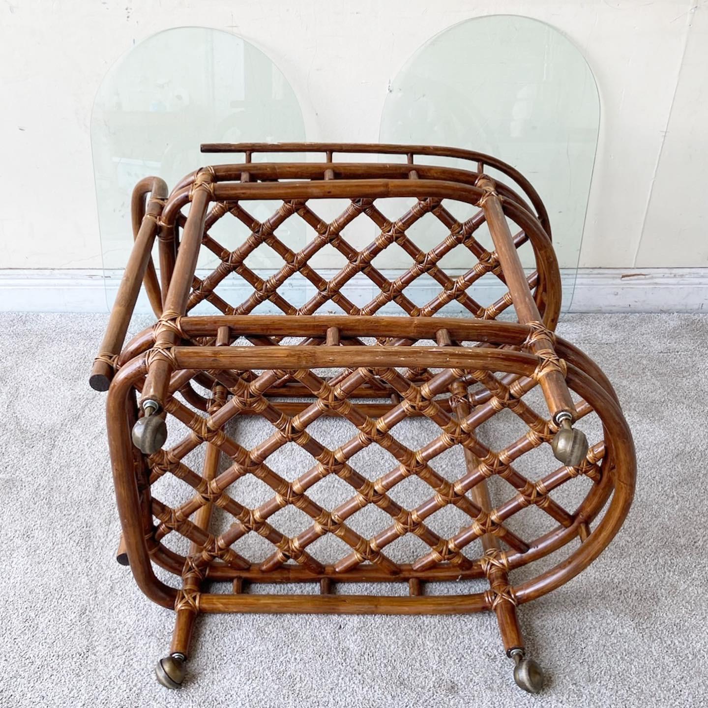 1980s Boho Chic Bamboo Rattan Two Tier Bar Cart In Good Condition In Delray Beach, FL