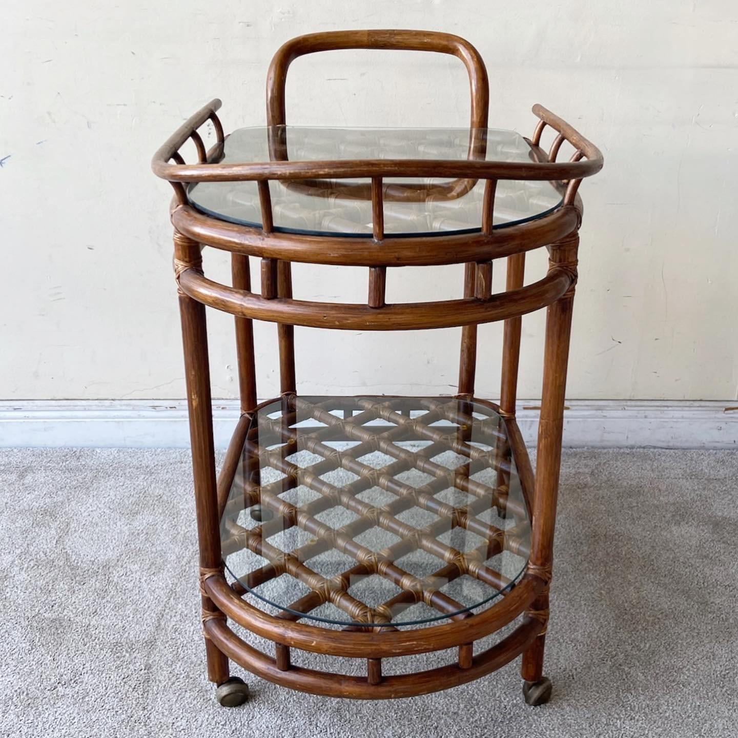 Late 20th Century 1980s Boho Chic Bamboo Rattan Two Tier Bar Cart