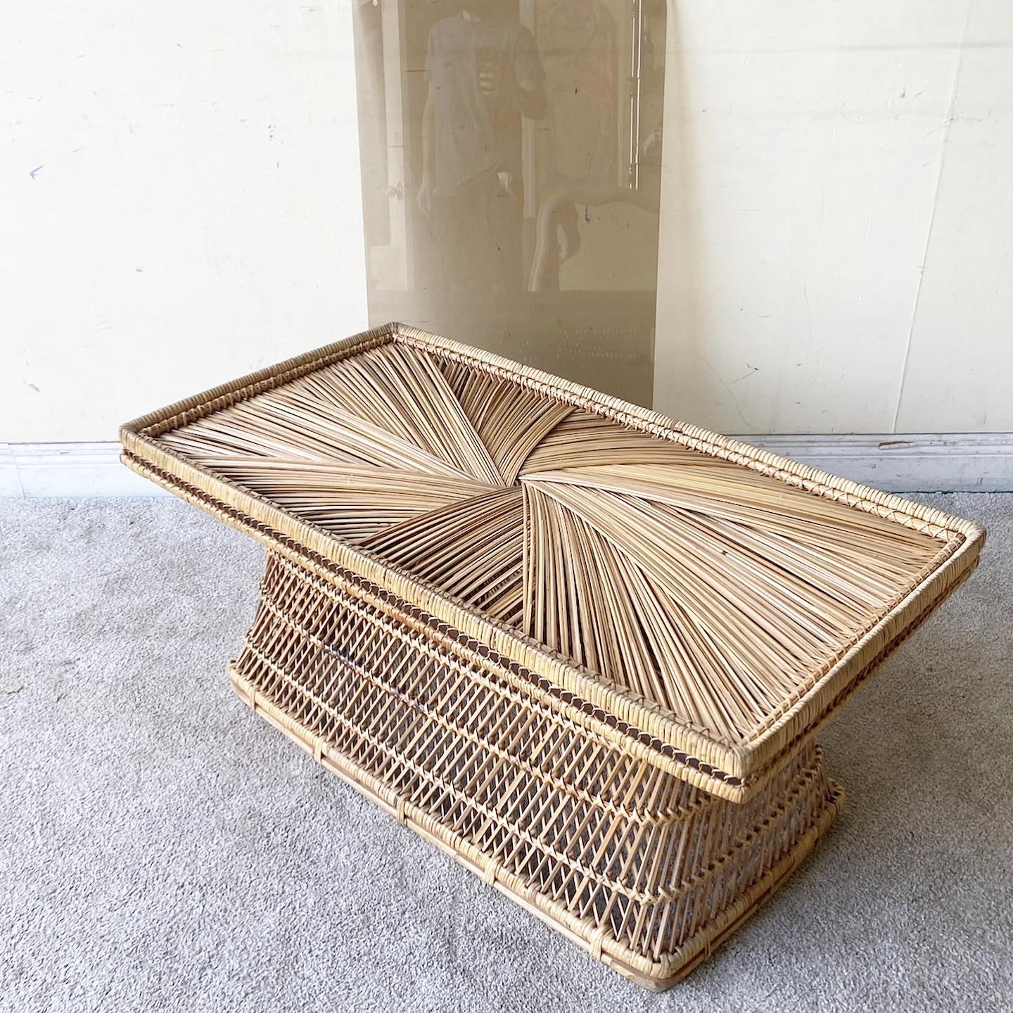 1980s Boho Chic Buri Rattan Smoked Glass Top Coffee Table In Good Condition For Sale In Delray Beach, FL