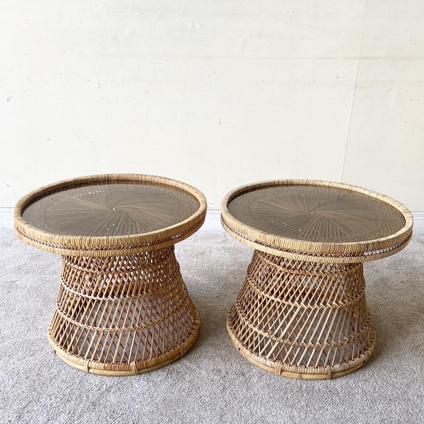 1980s Boho Chic Buri Rattan Smoked Glass Top Hour Glass Side Tables, a Pair In Good Condition In Delray Beach, FL