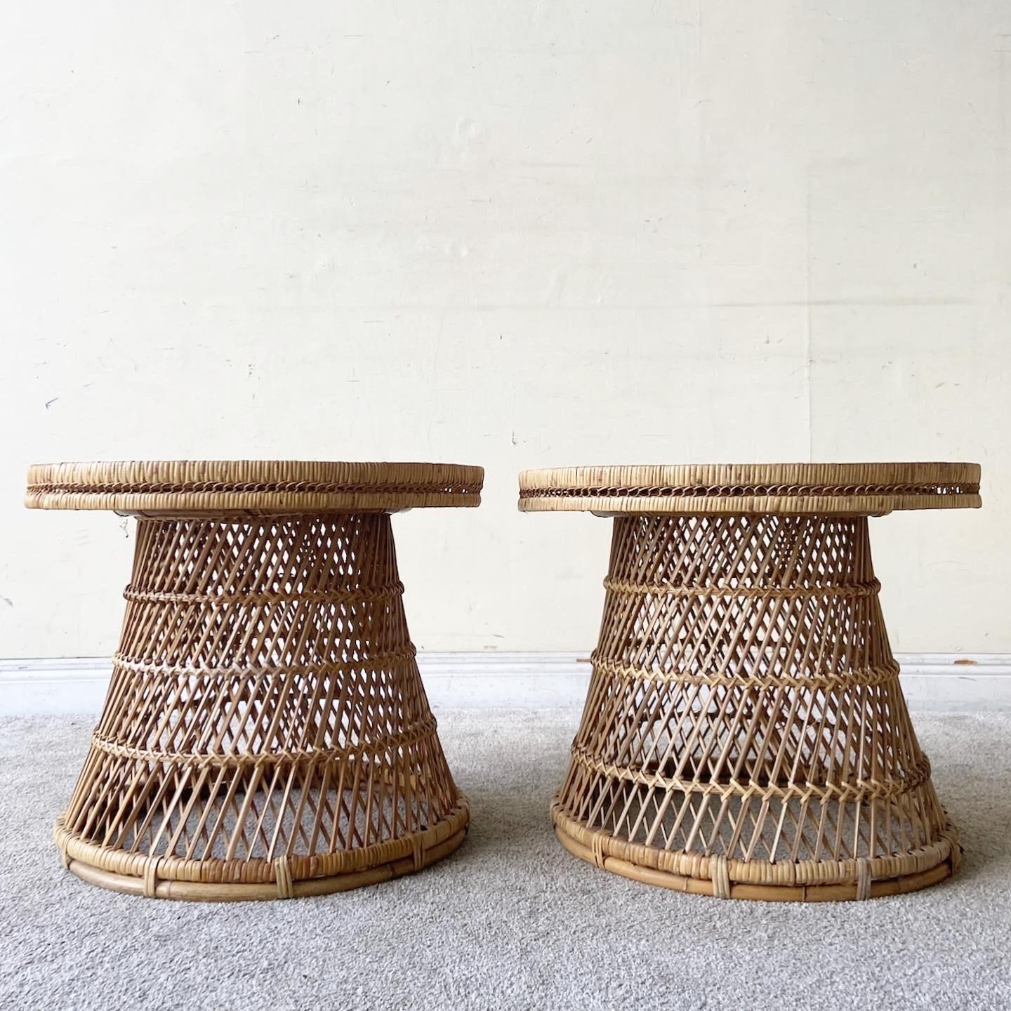 Late 20th Century 1980s Boho Chic Buri Rattan Smoked Glass Top Hour Glass Side Tables, a Pair