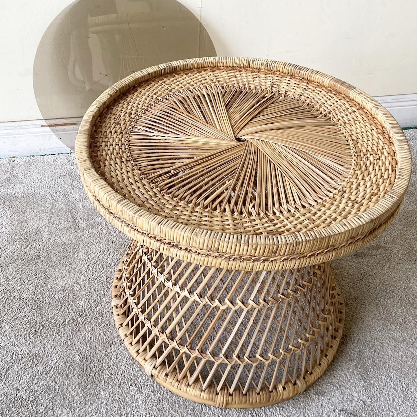 1980s Boho Chic Buri Rattan Smoked Glass Top Hour Glass Side Tables, a Pair 2