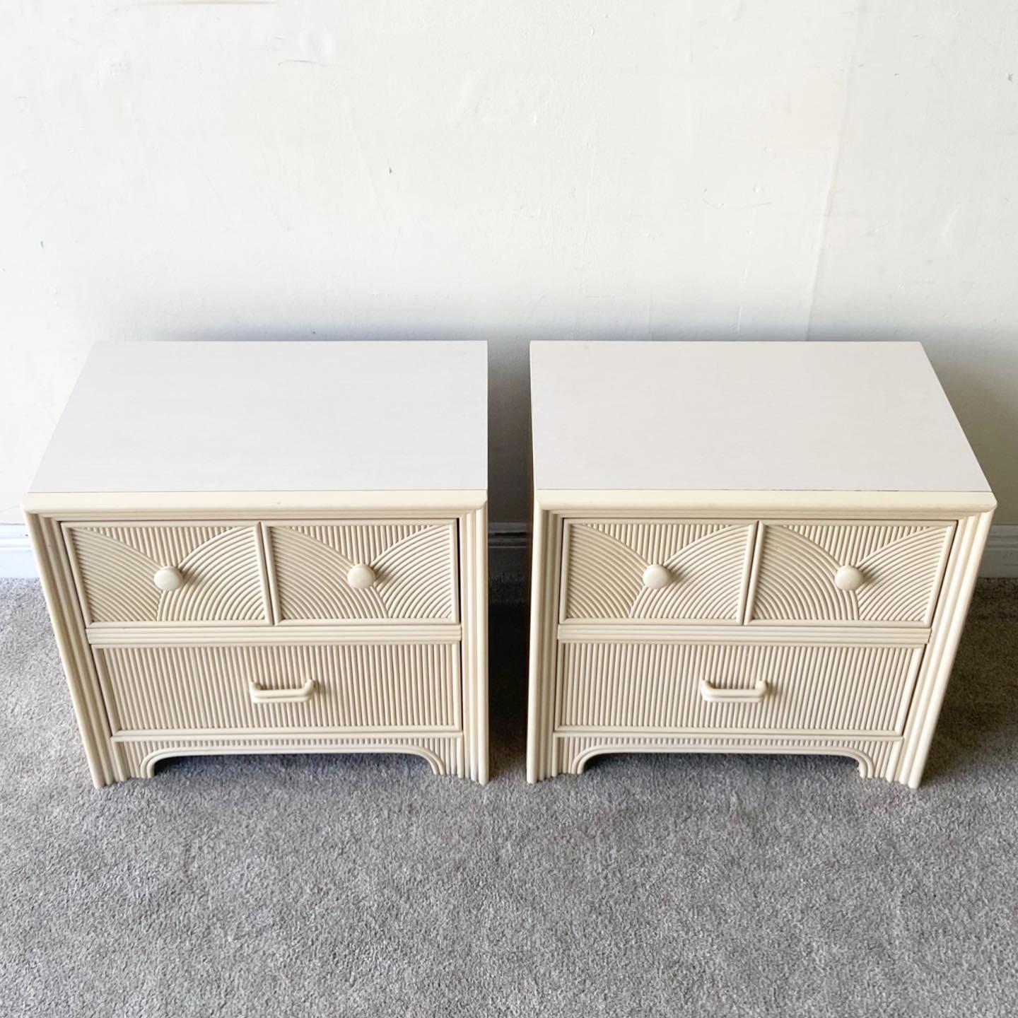 Post-Modern 1980s Boho Chic Pencil Reed Nightstands by Stanley Furniture, a Pair