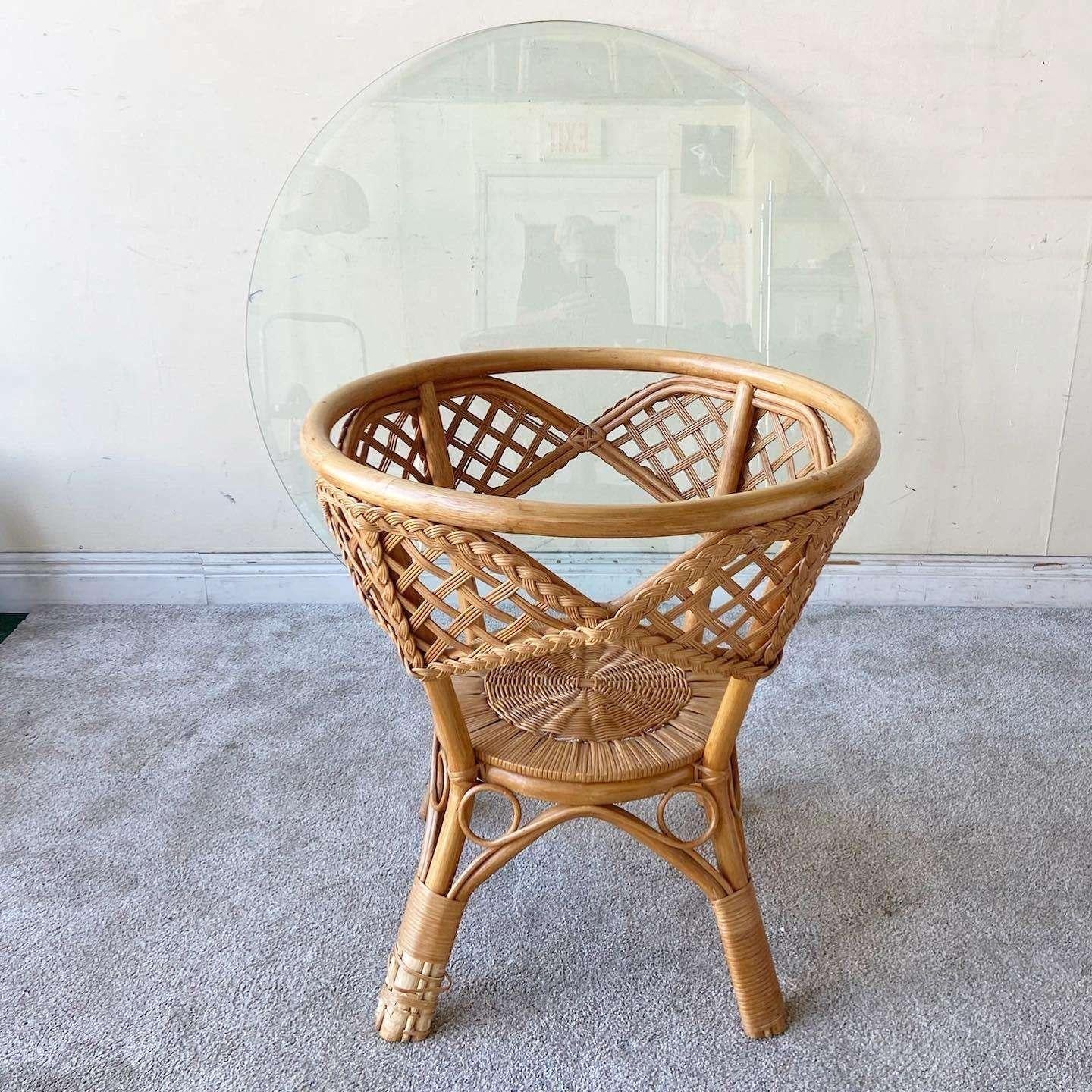 Late 20th Century 1980s Boho Chic Rattan and Woven Wicker Circular Glass Top Dining Table For Sale