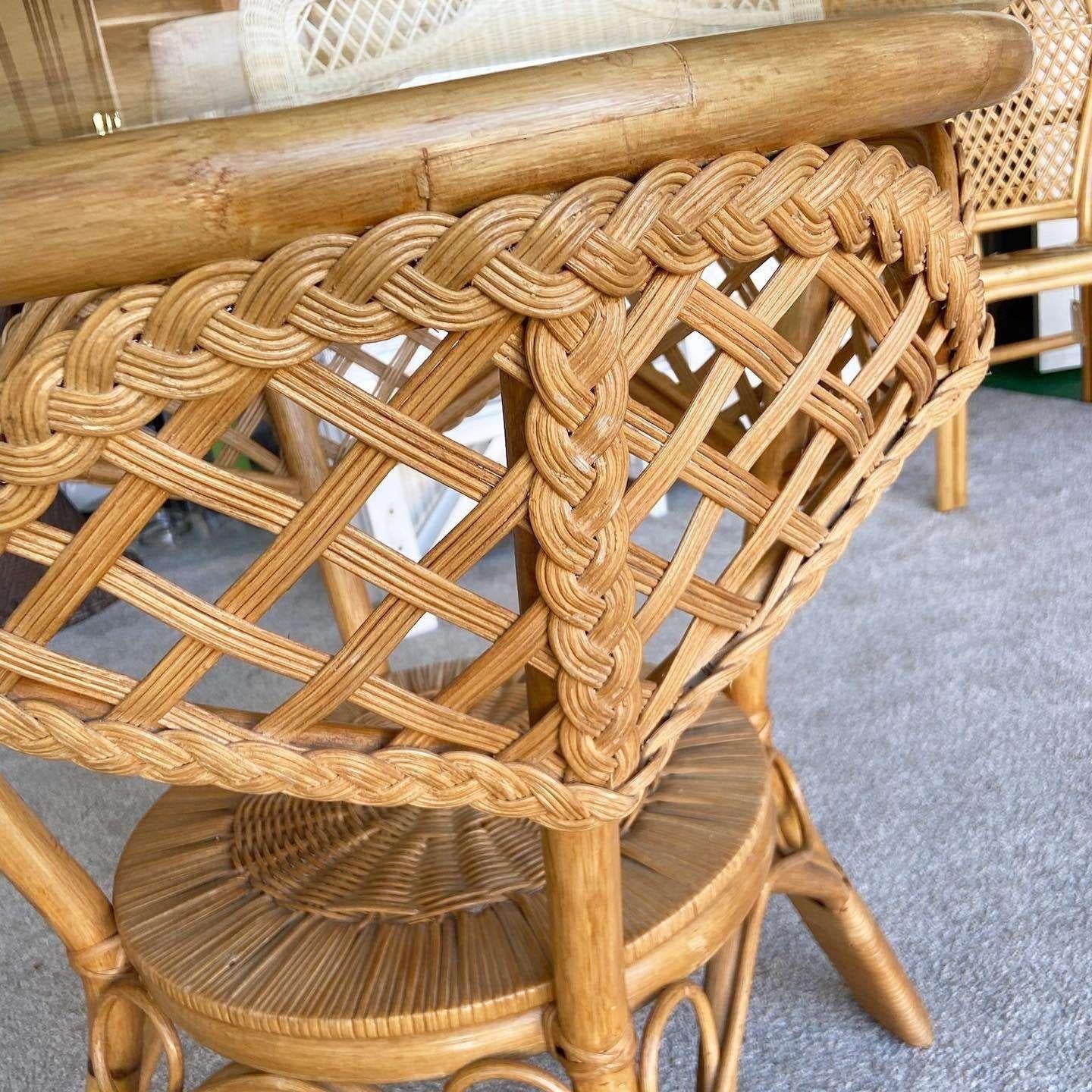 1980s Boho Chic Rattan and Woven Wicker Circular Glass Top Dining Table For Sale 2