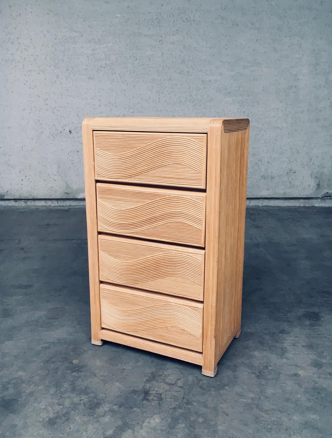 Vintage Boho Style Design Coastal Style Split Rattan High Chest of Drawers. Made in the 1980's, probably Italy. No maker markings. Wood constructed with split rattan / pencil reed covered outside. This has a wave pattern on the drawers. This comes