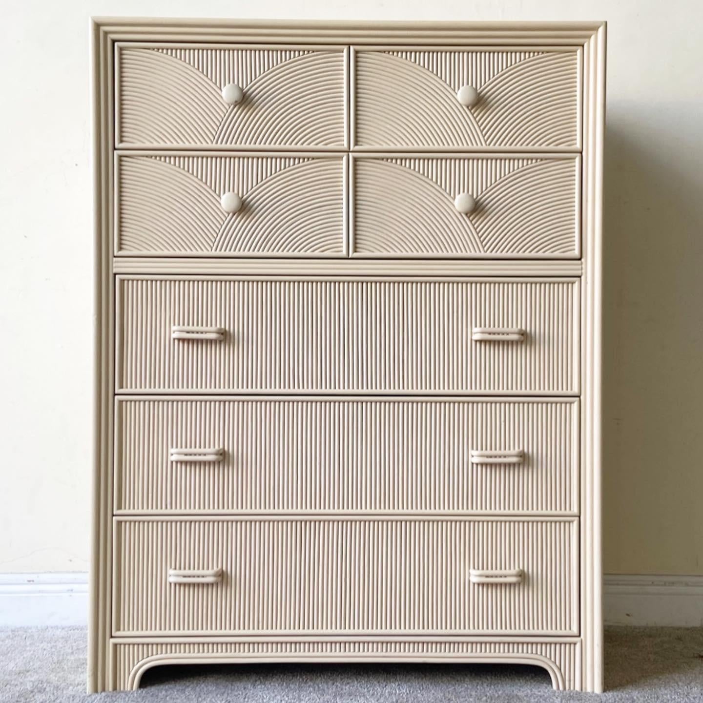 1980s Boho Pencil Reed Highboy Dresser with by Stanley Furniture, 5 Drawers In Good Condition In Delray Beach, FL