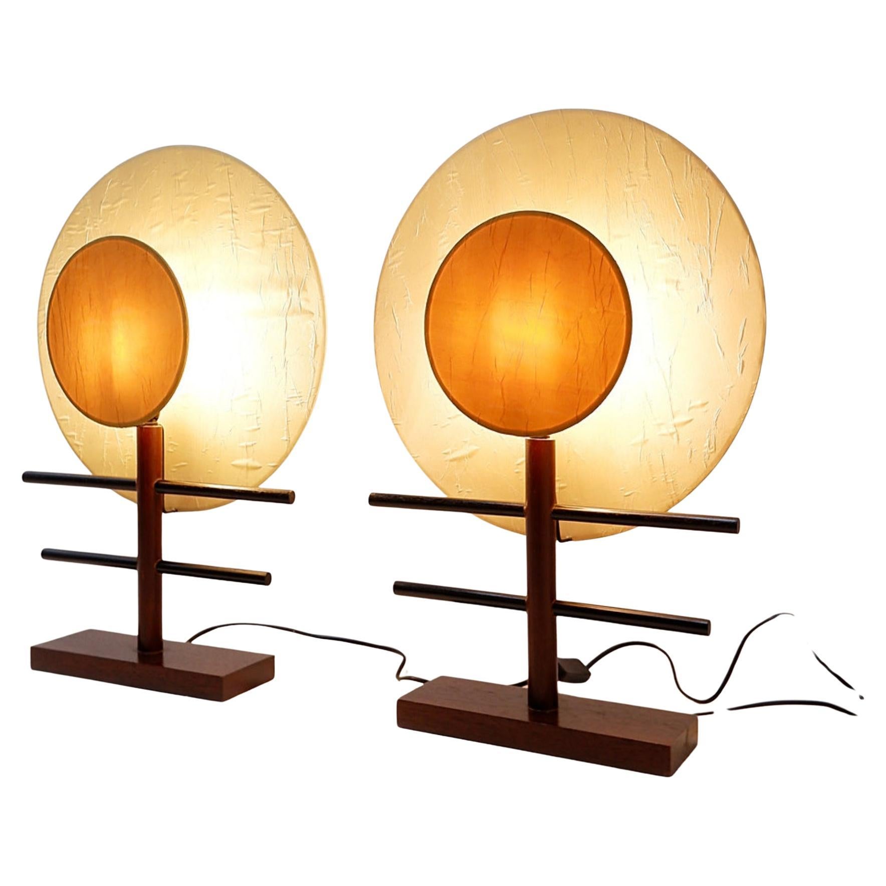 1980s Boho Style Minimalist Table Lamps Pair in Wood and Silk Fabric For Sale