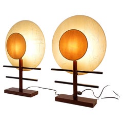 1980s Boho Style Minimalist Table Lamps Pair in Wood and Silk Fabric