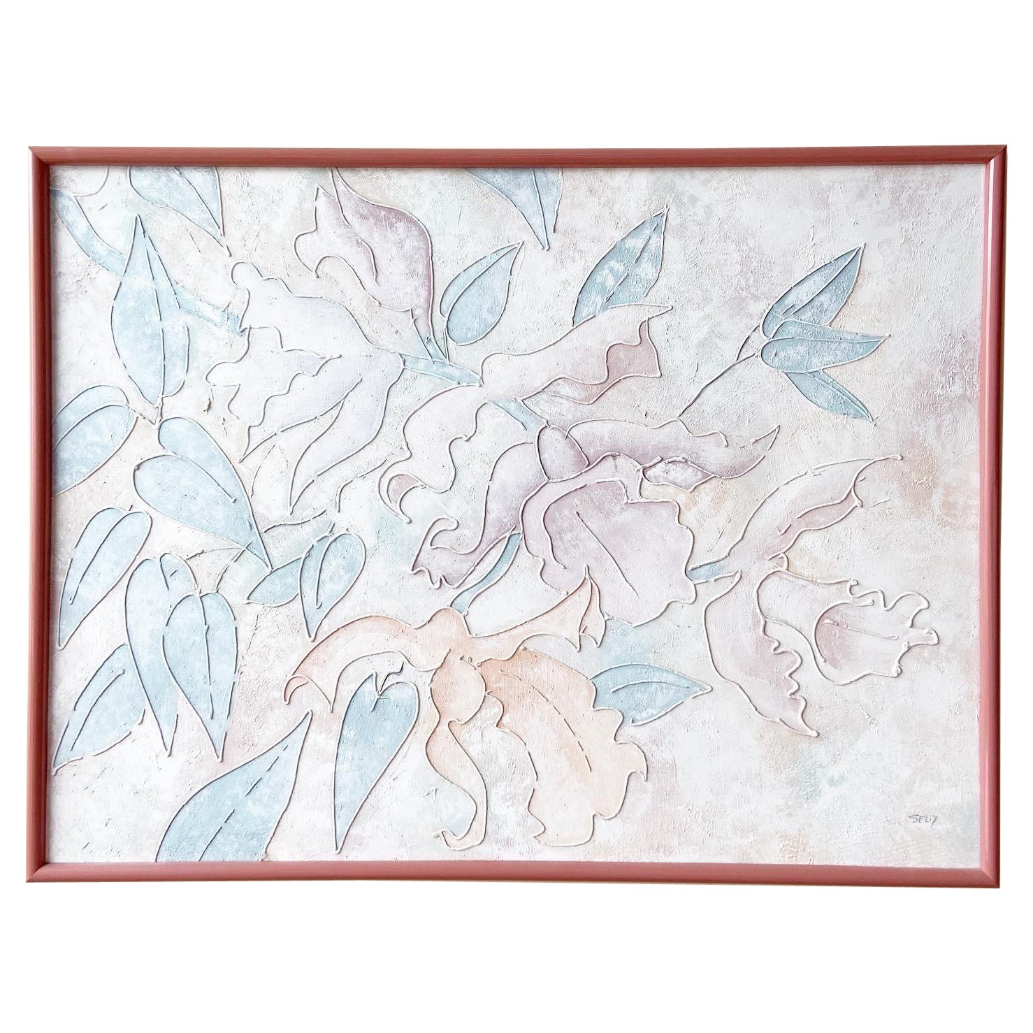 1980er Jahre Botanisches postmodernes Ölgemälde in Rosa und Blau von Richard Selix im Angebot