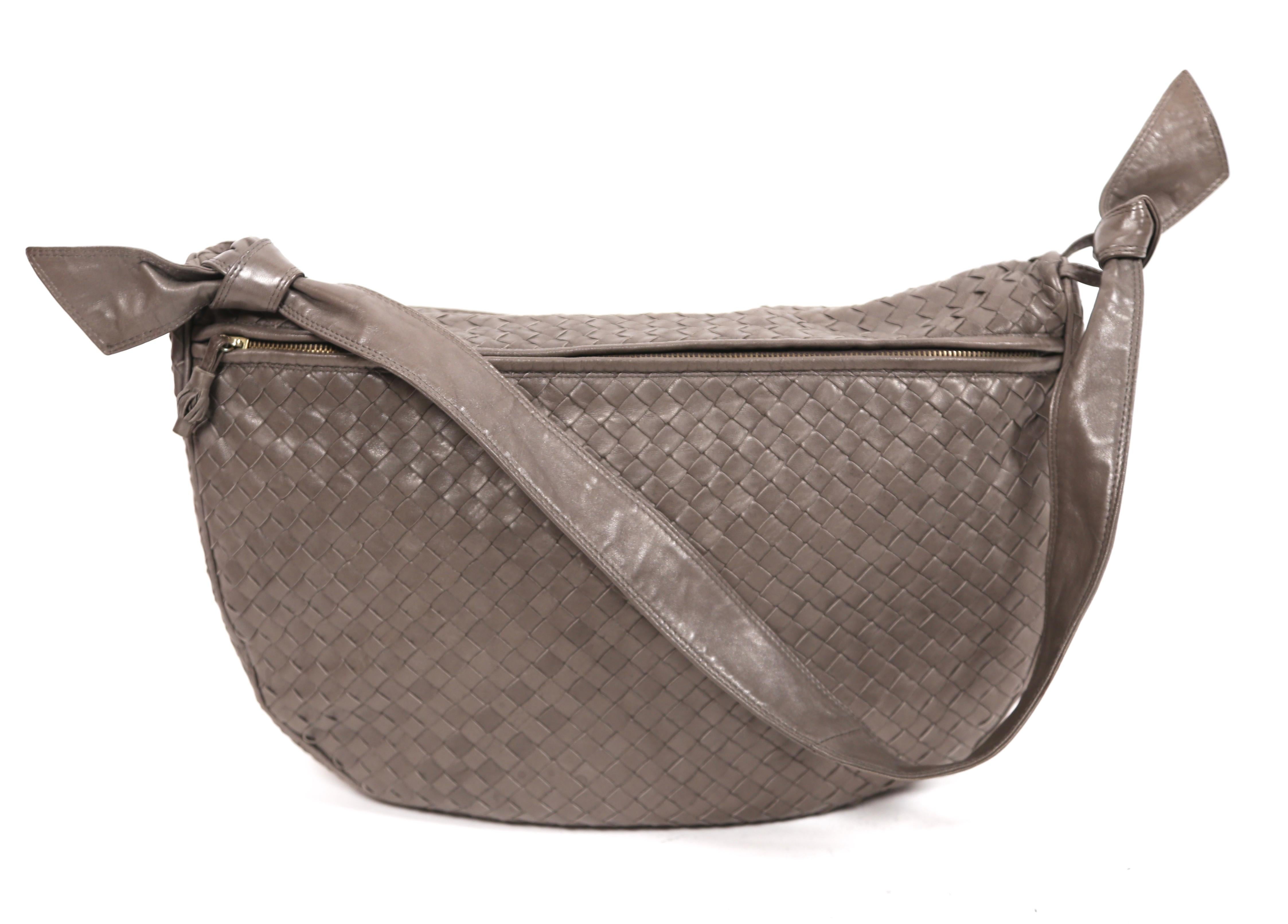 Elephant-Grey, woven leather bag from Bottega Veneta dating to the late 1980's. Bag measures approximately 16