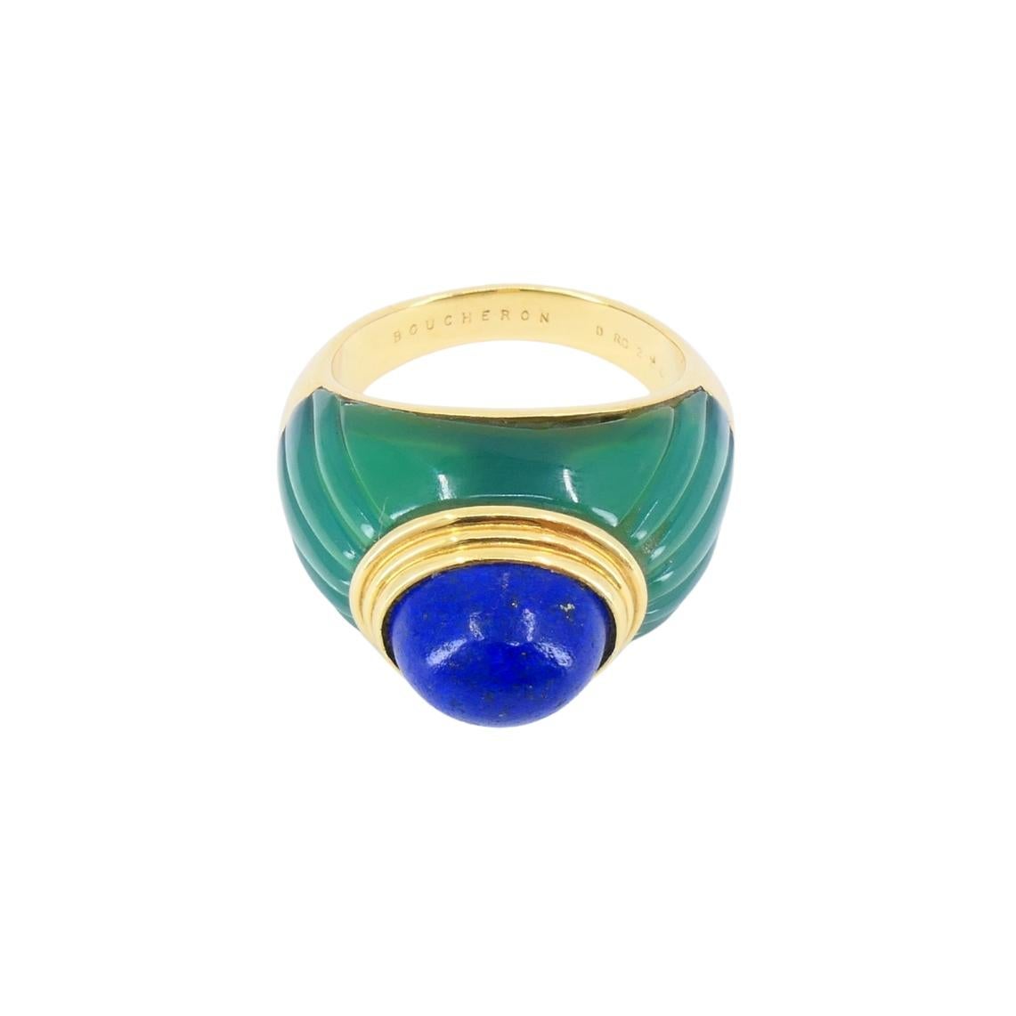 1980's Boucheron Jaipur Ring 18k Gold Chrysophrase Lapis Lazuli Original Pouch For Sale 6