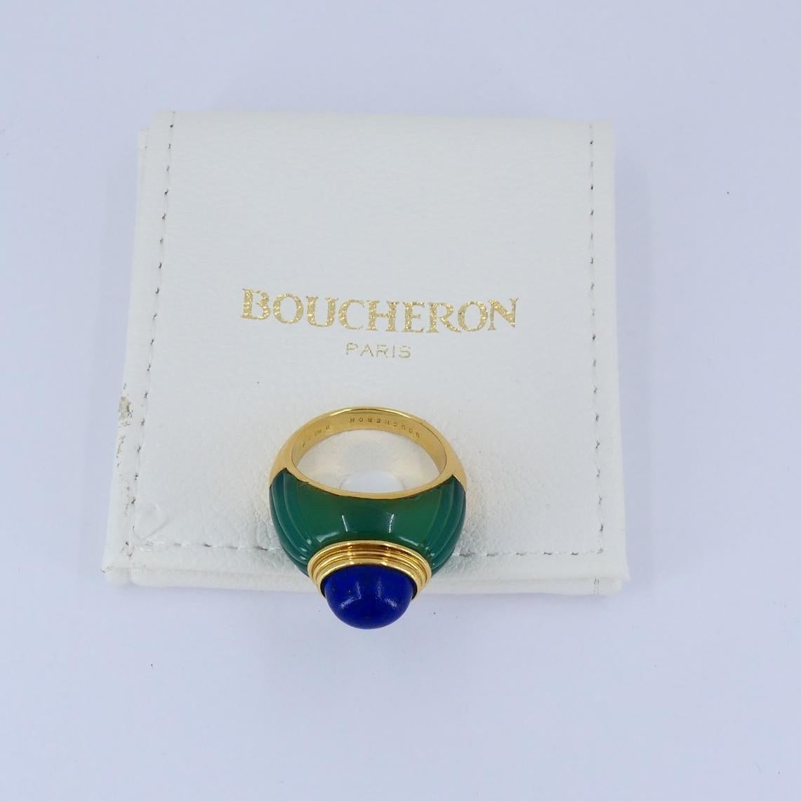 1980's Boucheron Jaipur Ring 18k Gold Chrysophrase Lapis Lazuli Original Pouch For Sale 8