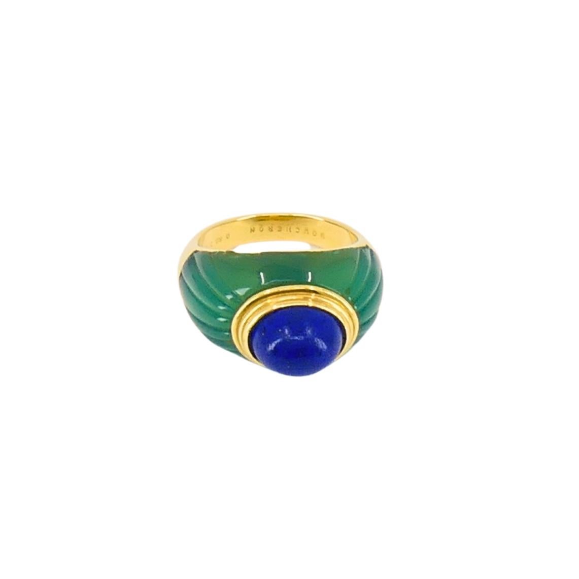 1980's Boucheron Jaipur Ring 18k Gold Chrysophrase Lapis Lazuli Original Pouch For Sale 1