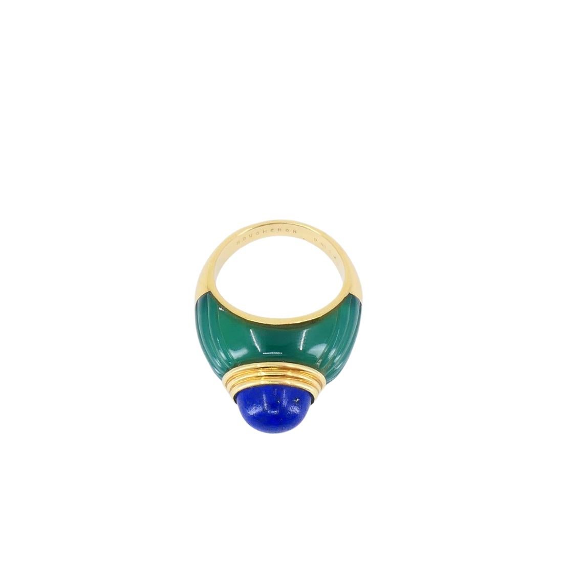 1980's Boucheron Jaipur Ring 18k Gold Chrysophrase Lapis Lazuli Original Pouch For Sale 5