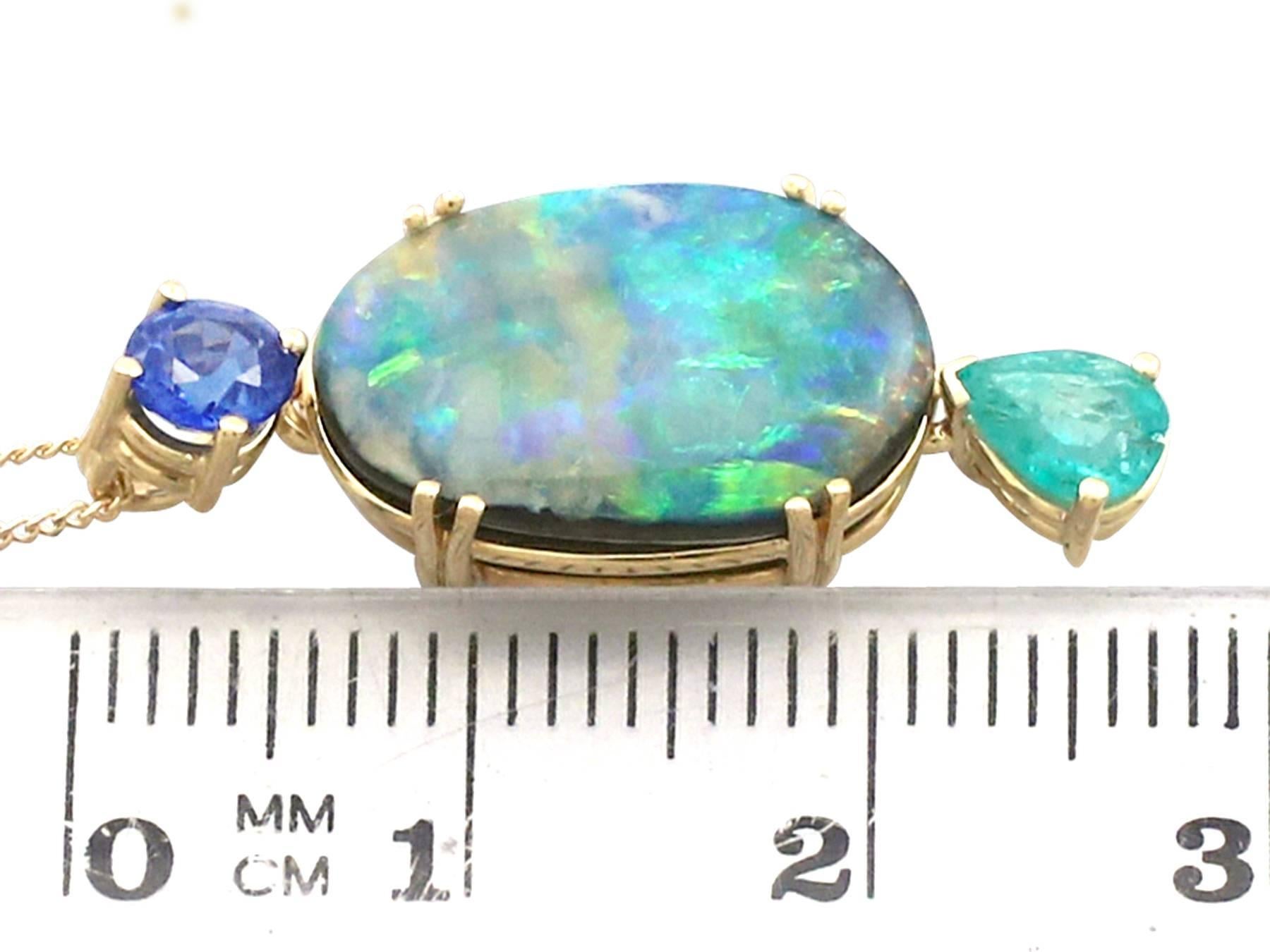 Vintage 1980s 4.06Ct Cabochon Cut Boulder Opal, Emerald and Sapphire Pendant 2