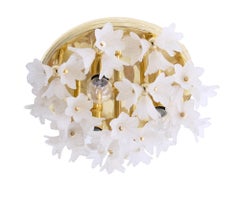 1980s Bouquet Flush Mount White Murano Glass Flowers & Gold Plated