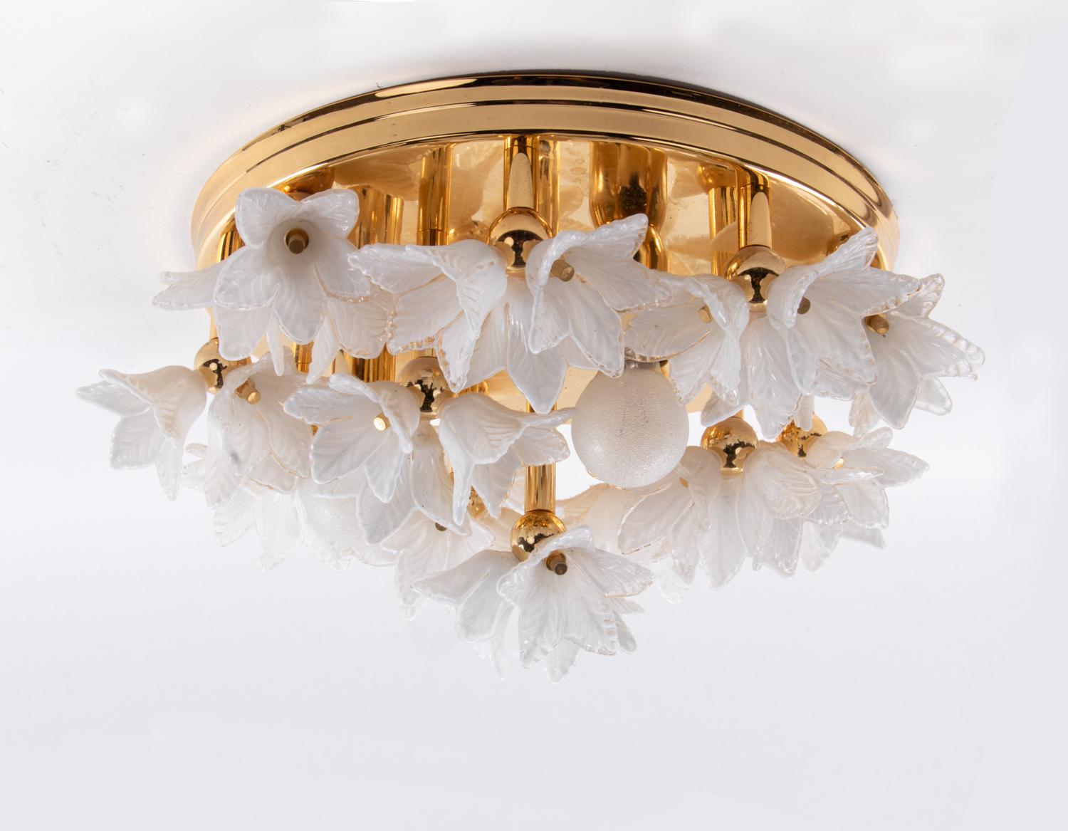 Hand-Crafted 1980s Bouquet Flush Mount White Murano Glass Flowers & Gold Plated