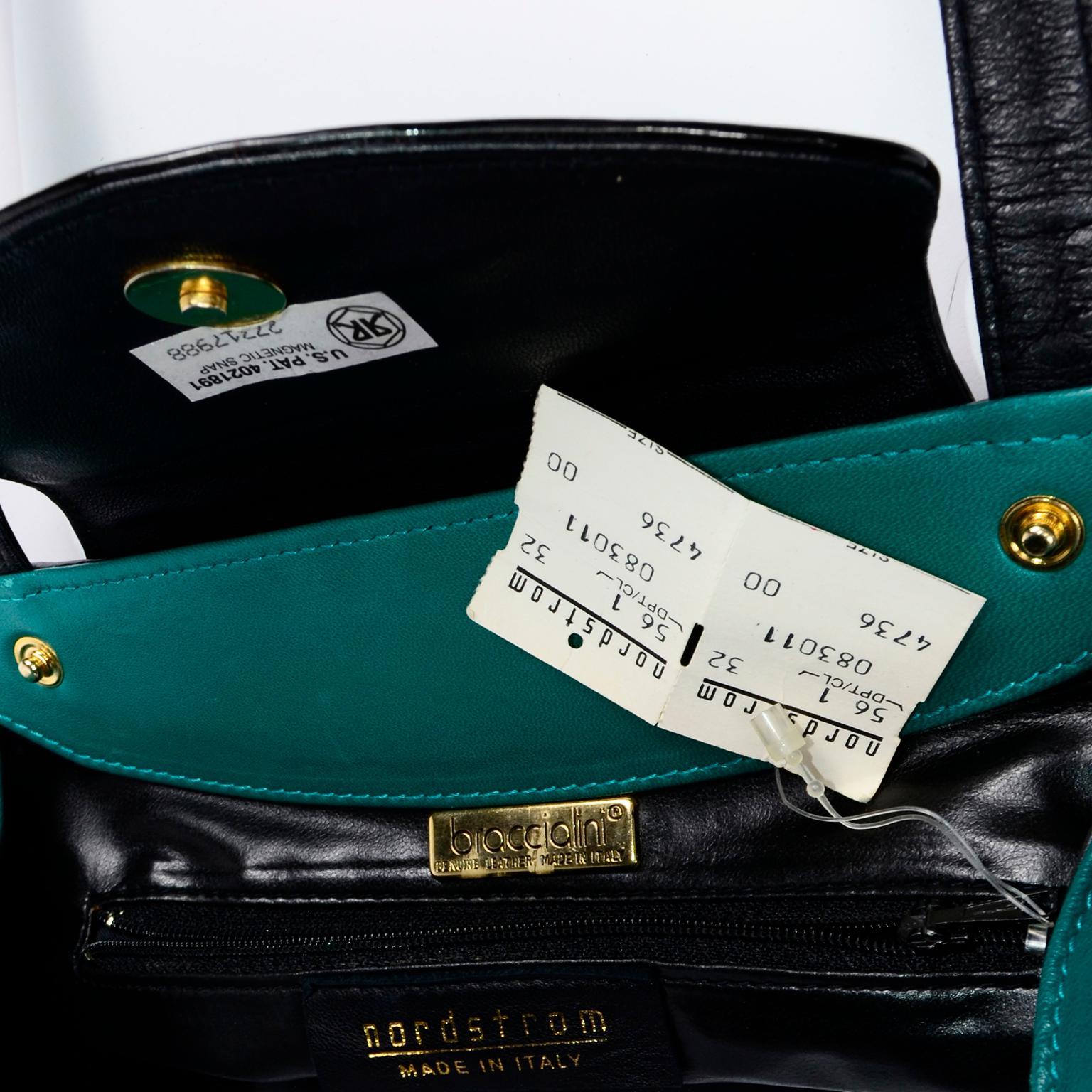 1980er Braccialini Deadstock Vintage Grüne Lederhandtasche mit Aufbewahrungsbeutel & Etikett im Angebot 3