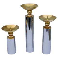 1980's Brass And Chrome Karl Springer Style Candle Holders 