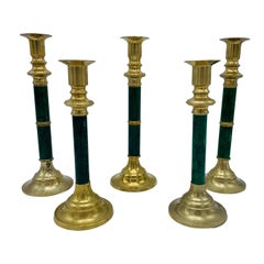 1980s Brass and Faux Malachite Candlesticks, Set of 5