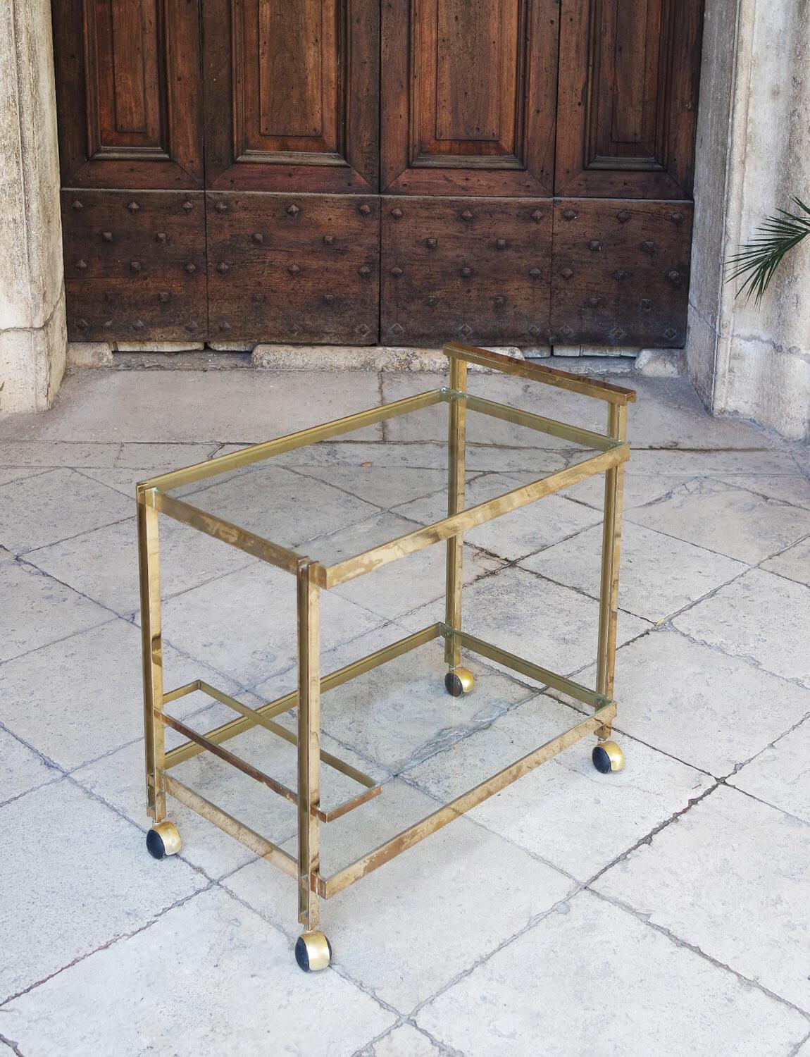 1980s Brass and Glass Italian Drinks Trolley with patina For Sale 1