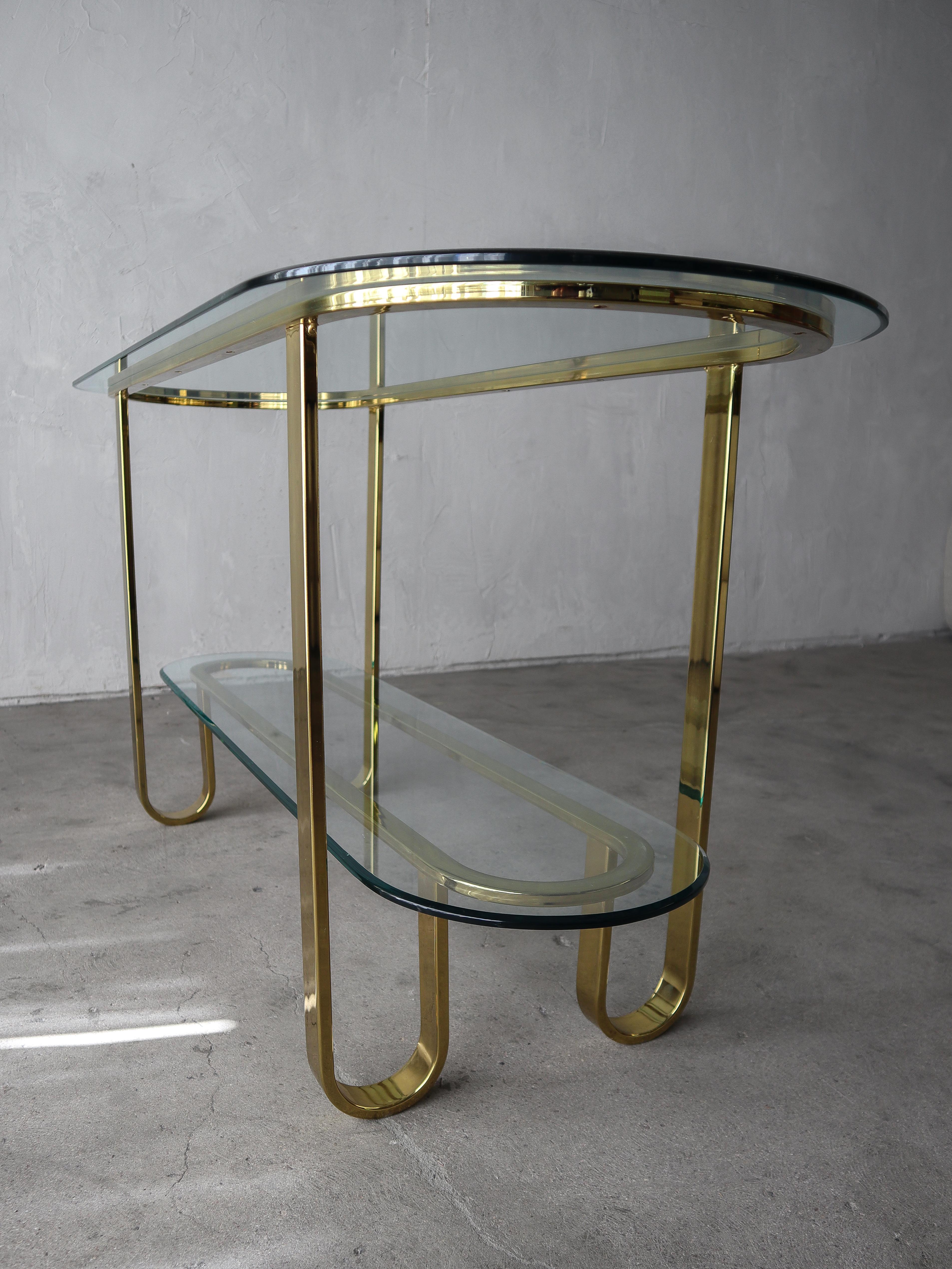Mid-Century Modern 1980's Brass and Glass Racetrack Console Table Bar For Sale