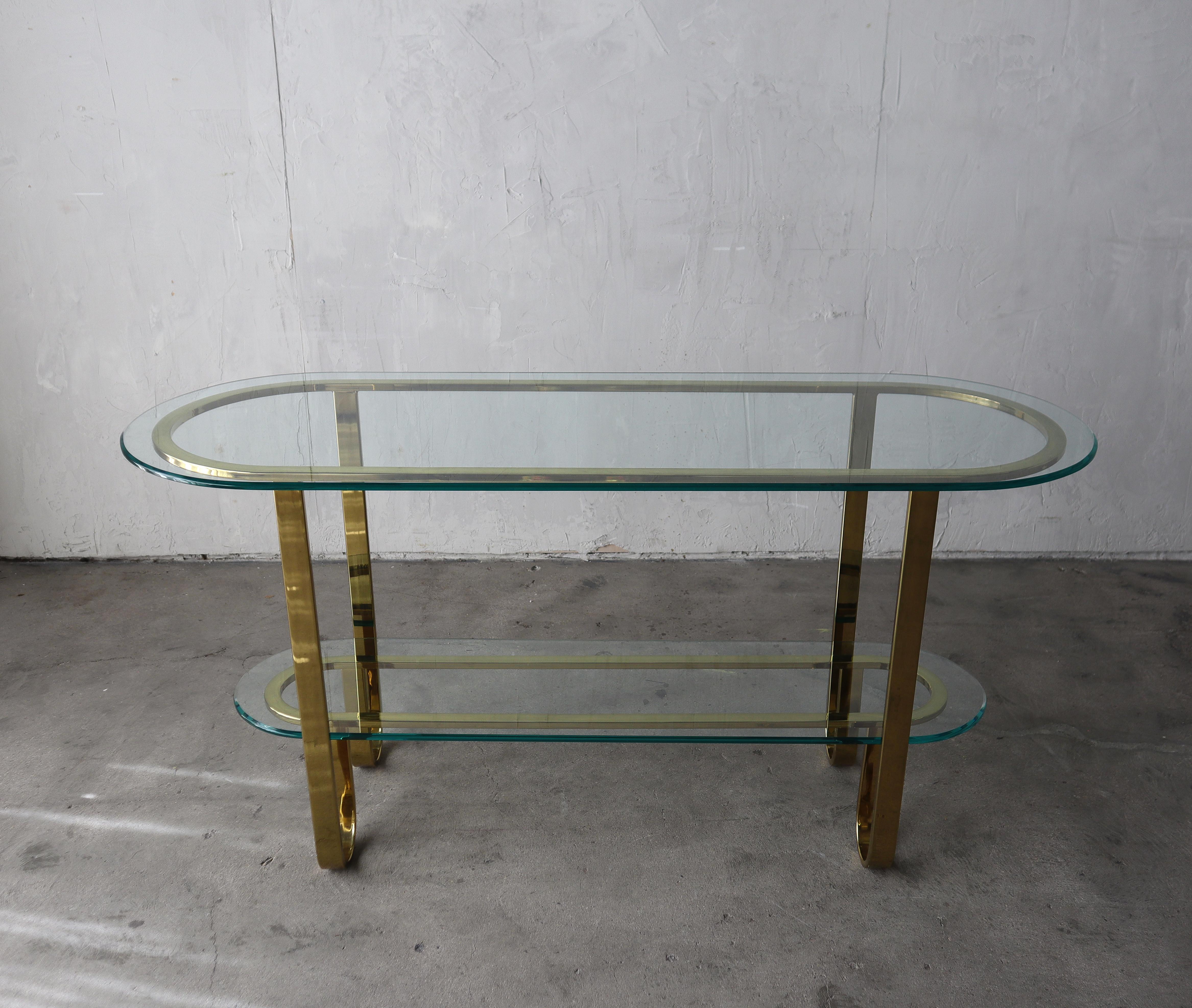 1980's Brass and Glass Racetrack Console Table Bar In Good Condition For Sale In Las Vegas, NV