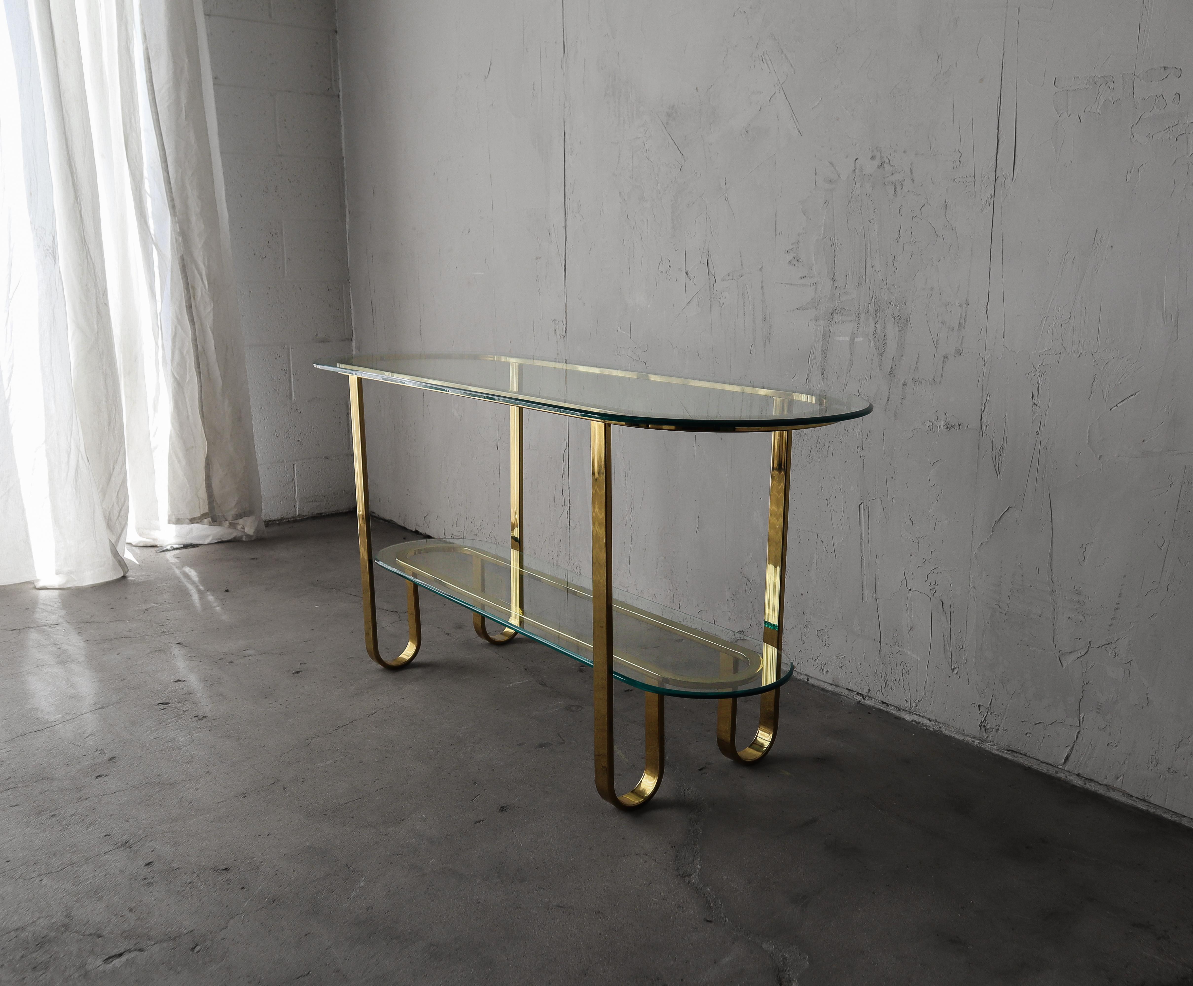 20th Century 1980's Brass and Glass Racetrack Console Table Bar For Sale