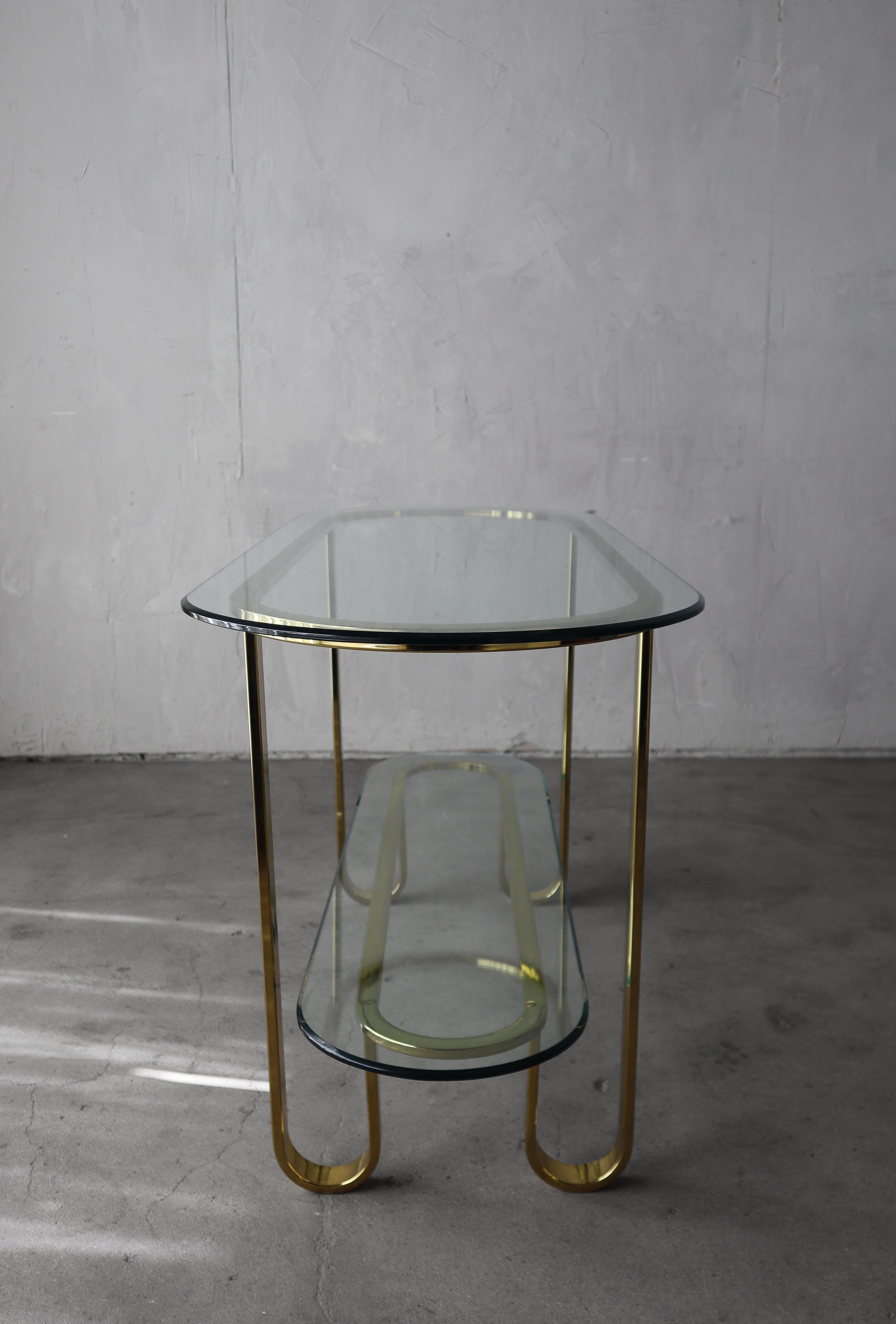 1980's Brass and Glass Racetrack Console Table Bar For Sale 1