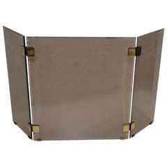Vintage 1980's Brass And Glass Tri-Fold Fireplace Screen