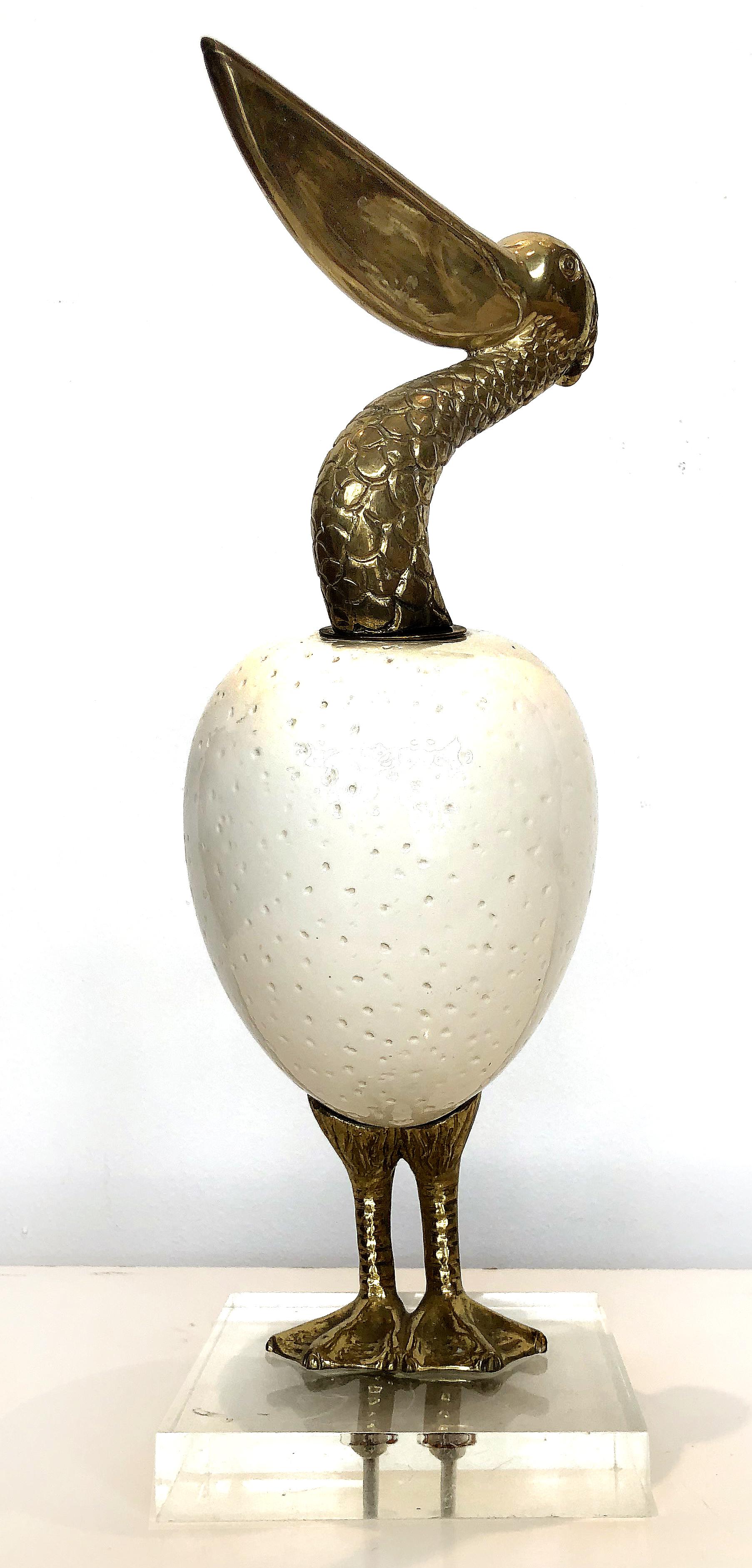 Modern 1980s Brass and Glazed Pottery Pelican Sculpture