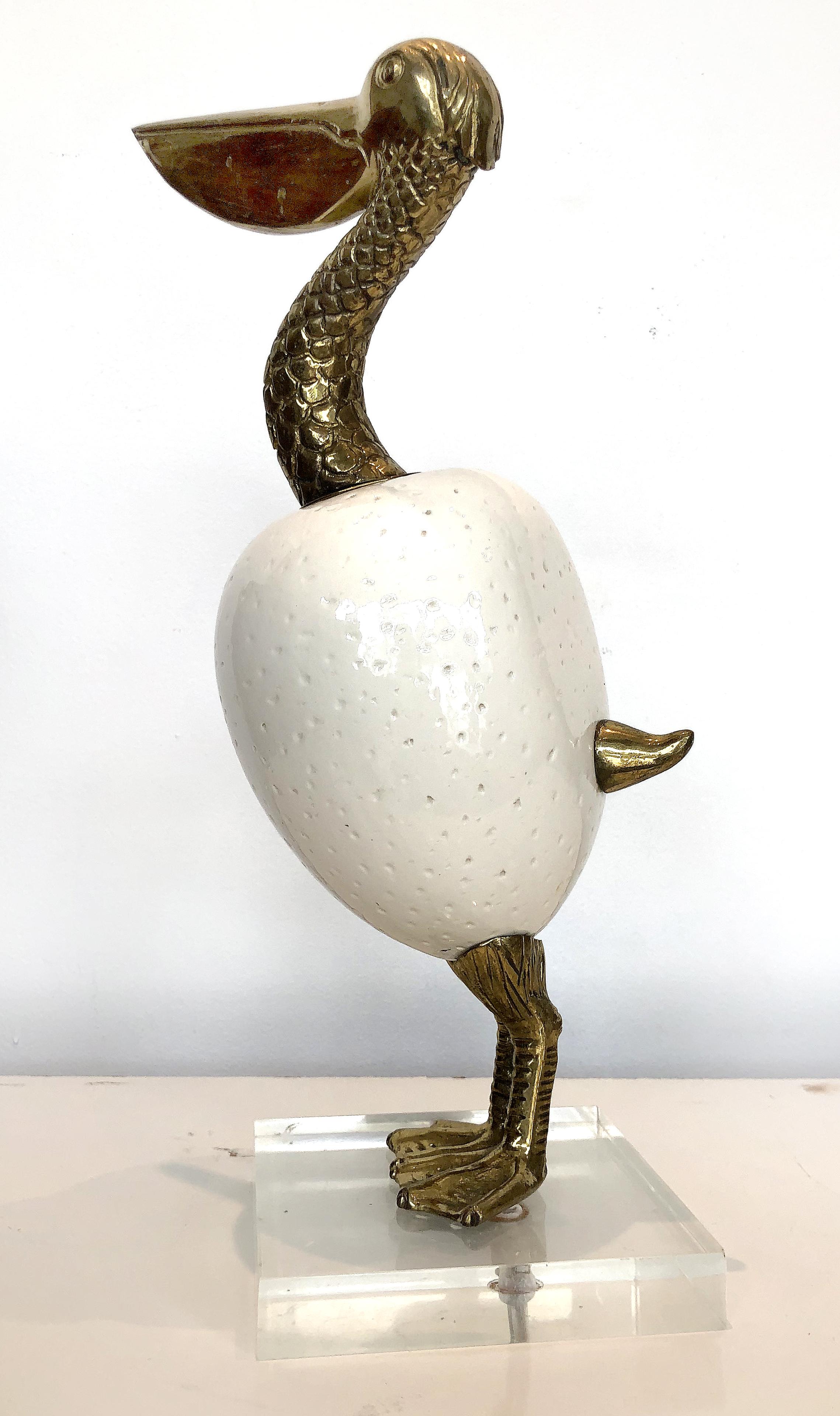 20th Century 1980s Brass and Glazed Pottery Pelican Sculpture