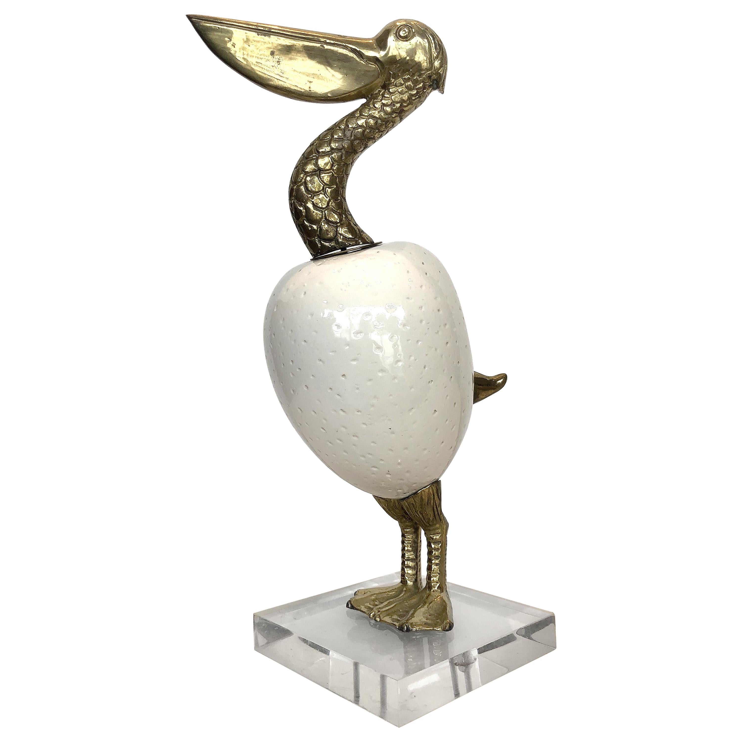1980s Brass and Glazed Pottery Pelican Sculpture