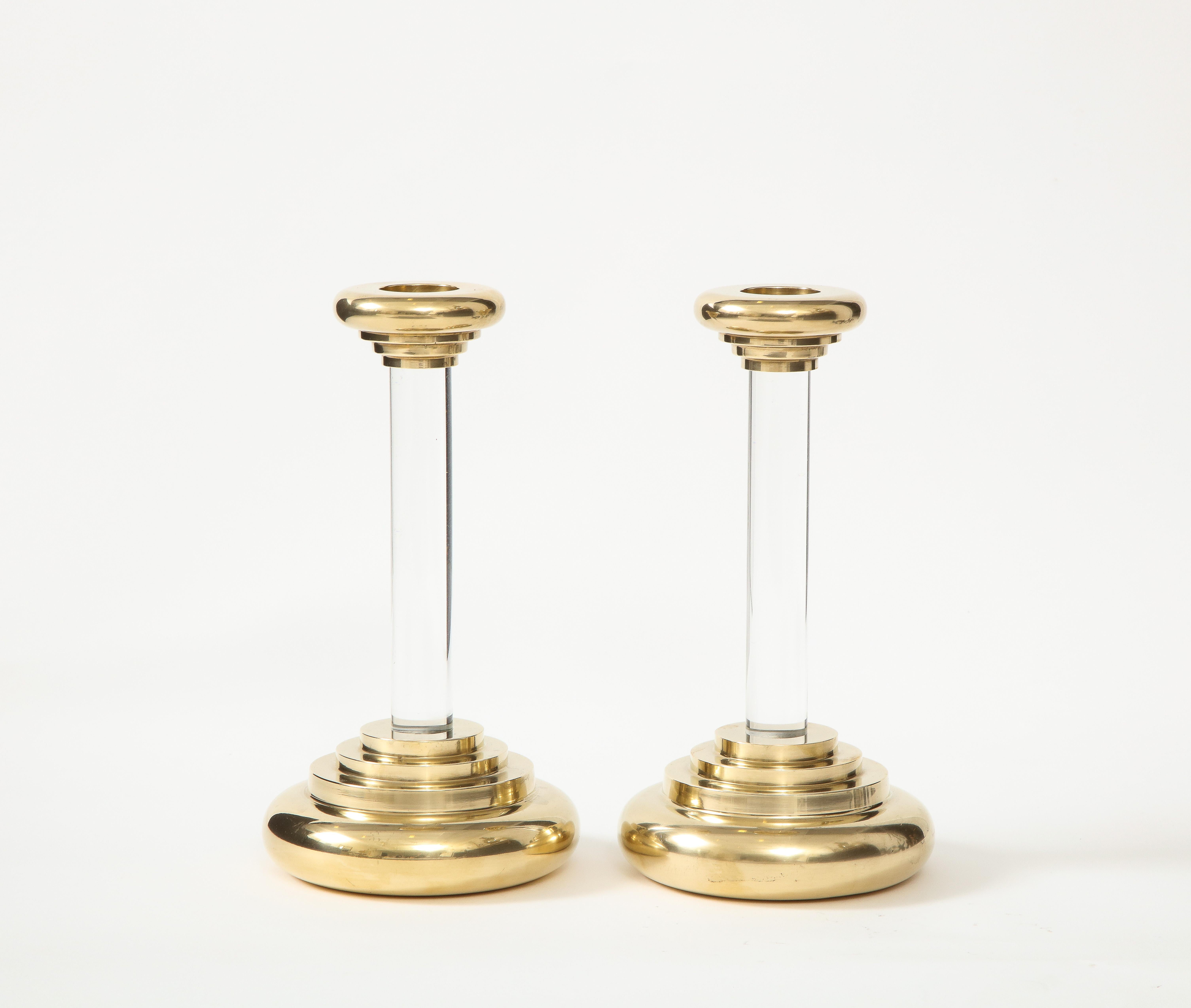 1980s Brass and Lucite Candle Holders In Good Condition For Sale In New York, NY