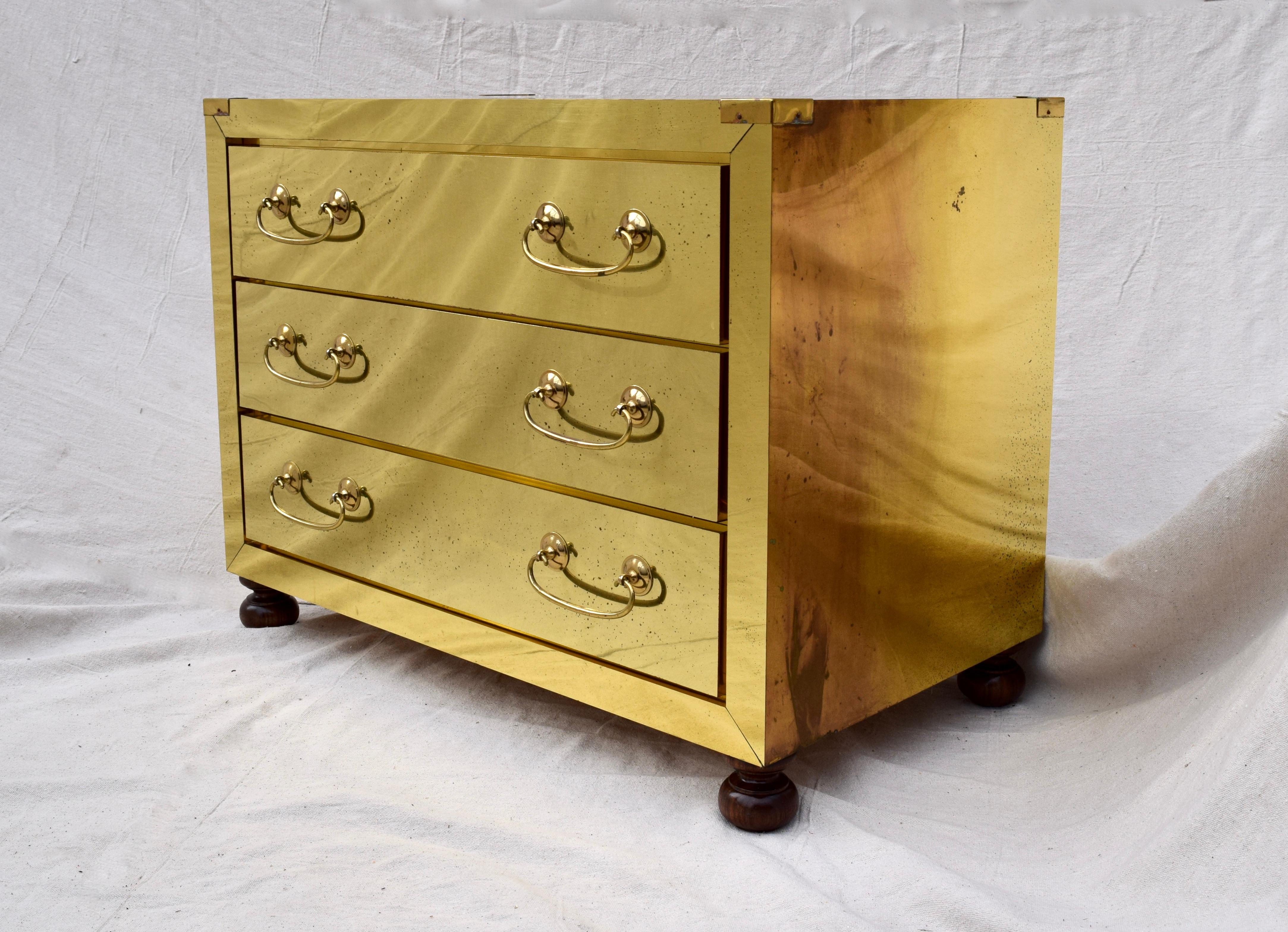 Hollywood Regency 1980's Brass Clad Chests in the Manner of Serried , Pair For Sale