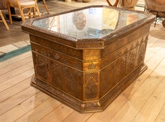 1980s Brass Coffee Table with Openwork Decoration in Moorish Style with Glass
