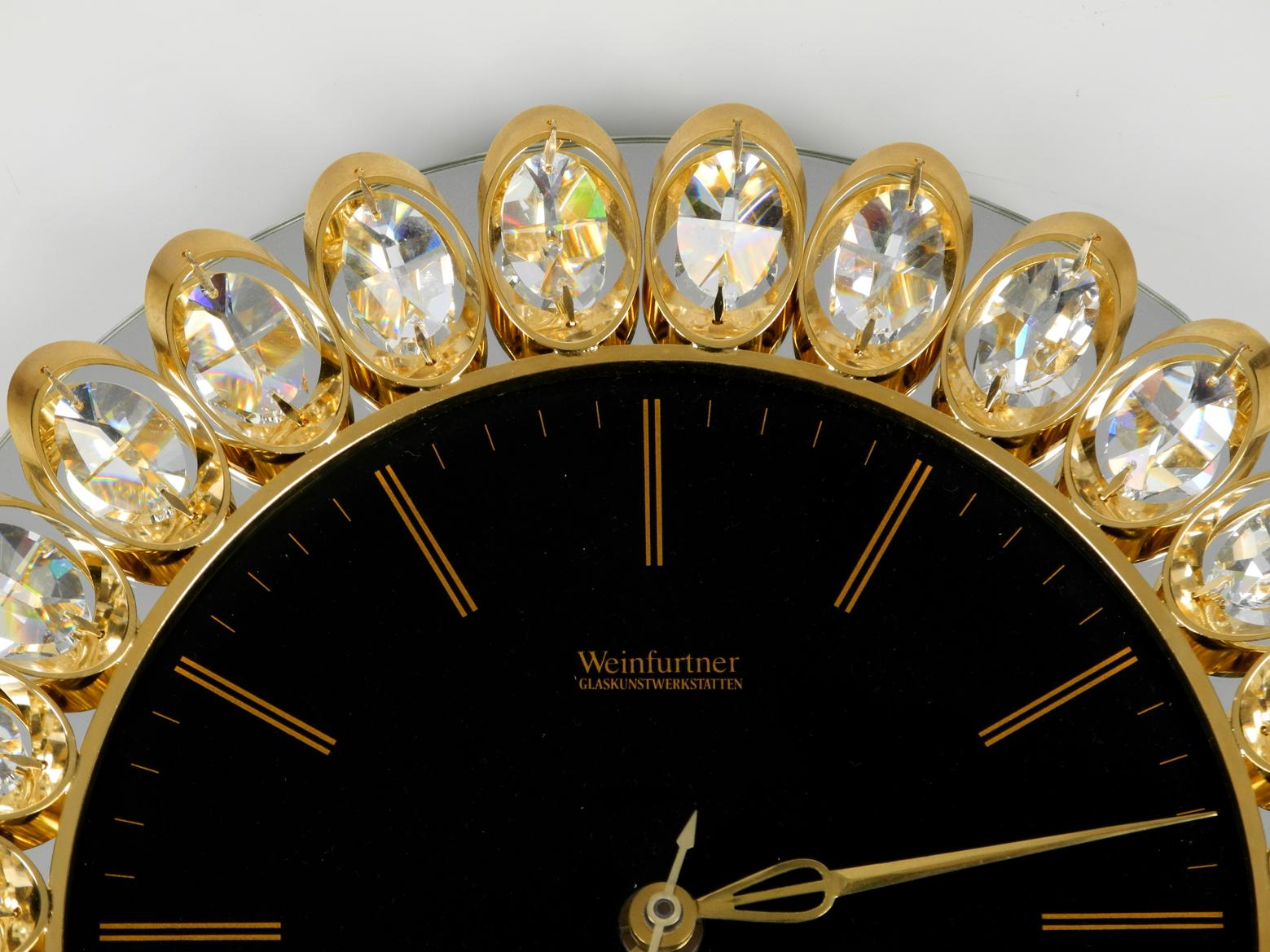 Post-Modern 1980s Brass Crystal Glass Wall Clock Hollywood Regency Weinfurtner Glaskunst