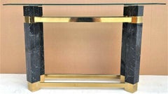 1980s Brass Faux Marble & Glass Console Sofa Table