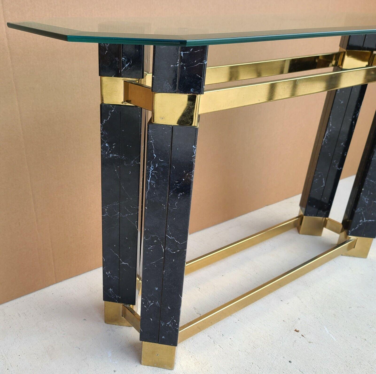 Mid-Century Modern 1980s Brass Faux Marble & Beveled Glass Console Table For Sale
