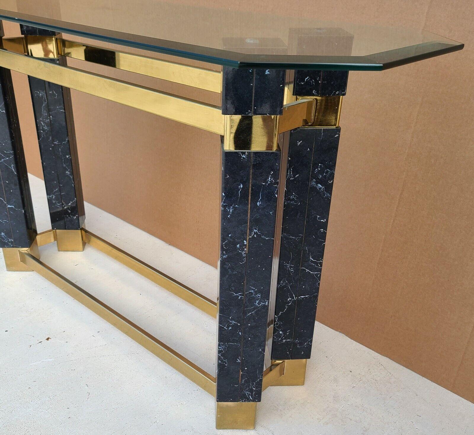 American 1980s Brass Faux Marble & Beveled Glass Console Table For Sale