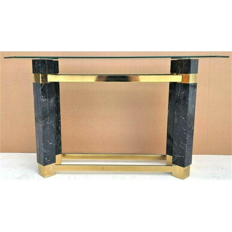 1980s Brass Faux Marble & Beveled Glass Console Table For Sale