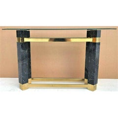 Vintage 1980s Brass Faux Marble & Beveled Glass Console Table
