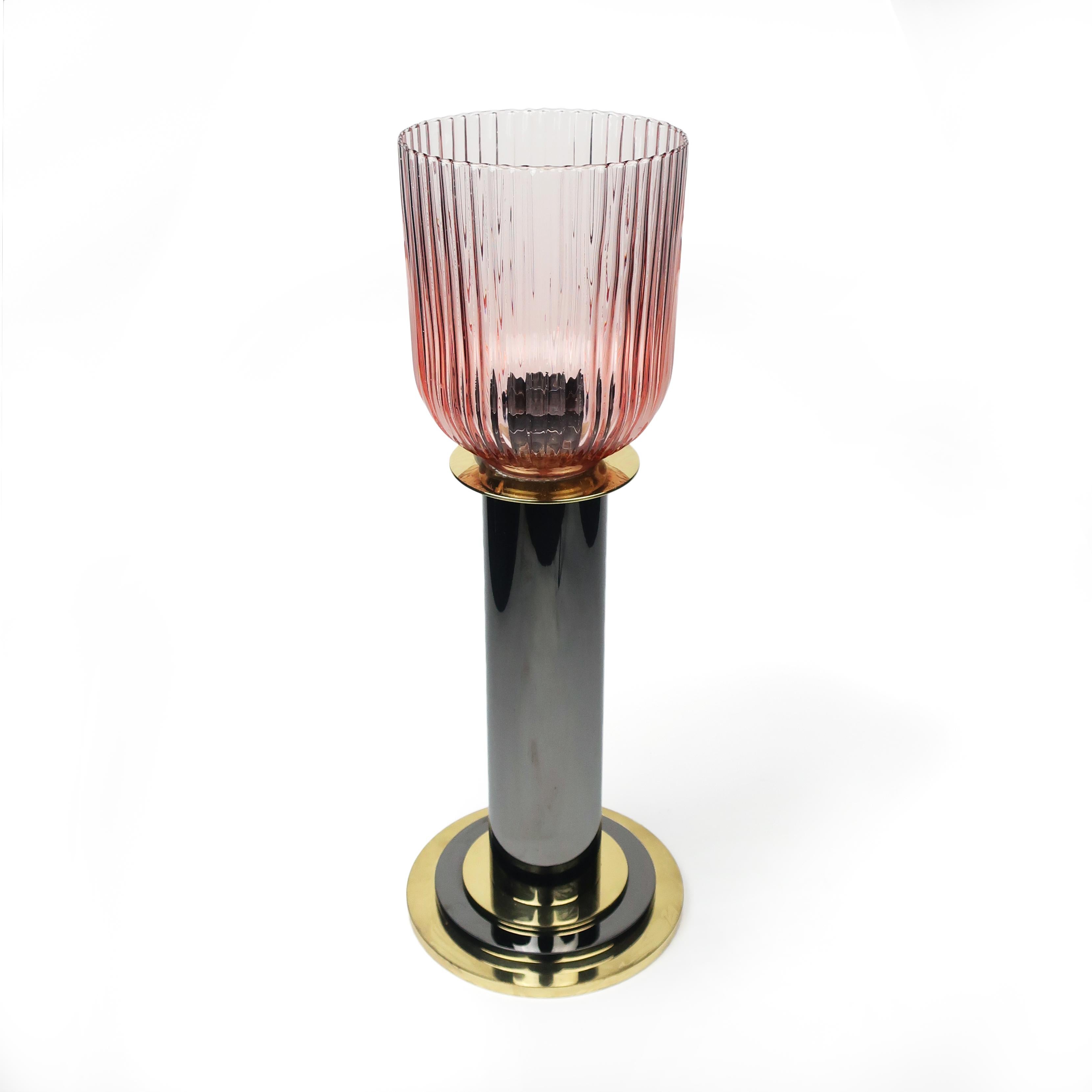 Post-Modern 1980s Brass, Grey Metal and Pink Glass Candleholder by Lorin Marsh